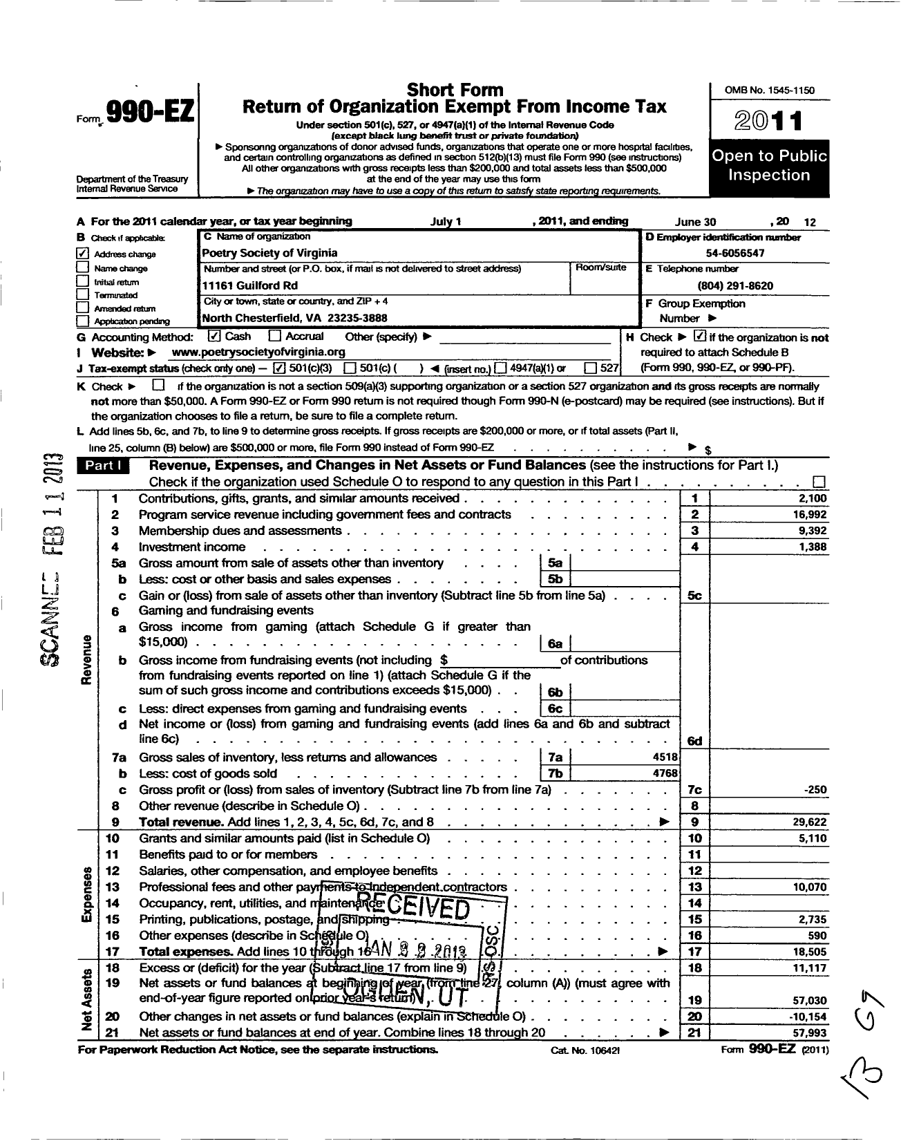 Image of first page of 2011 Form 990EZ for Poetry Society of Virginia