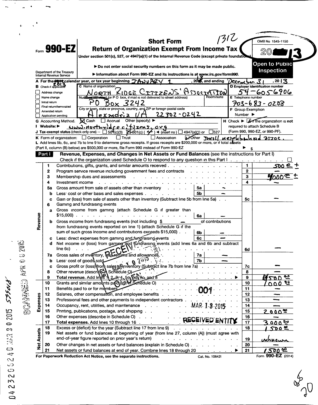 Image of first page of 2013 Form 990EO for North Ridge Citizens Association