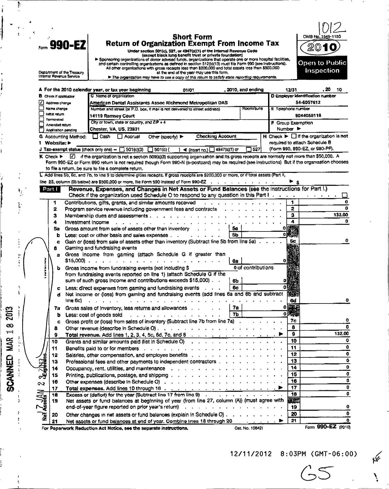 Image of first page of 2010 Form 990EO for American Dental Assistants Association / Richmond Metropolitan Dental Assist