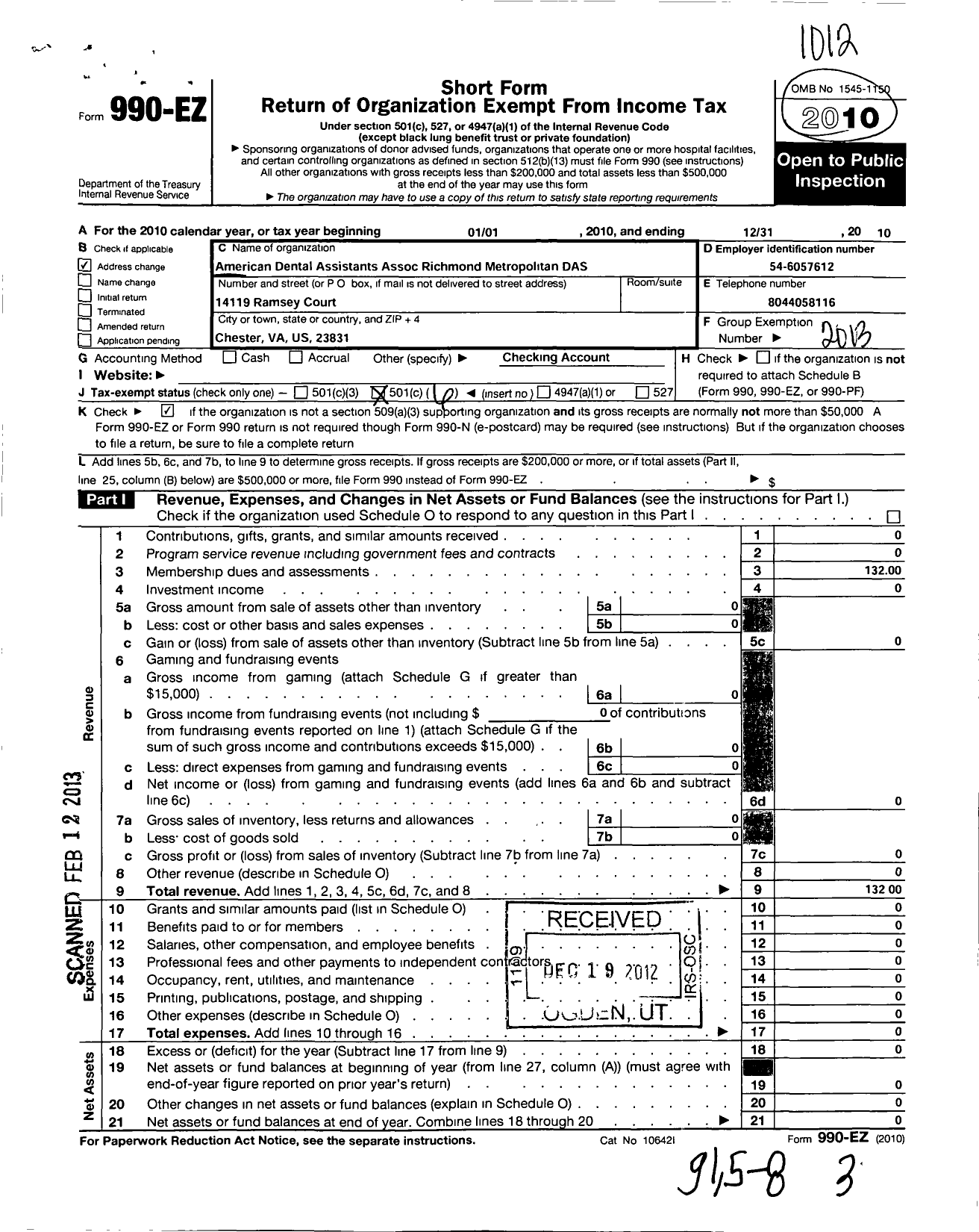 Image of first page of 2010 Form 990EO for American Dental Assistants Association / Richmond Metropolitan Dental Assist
