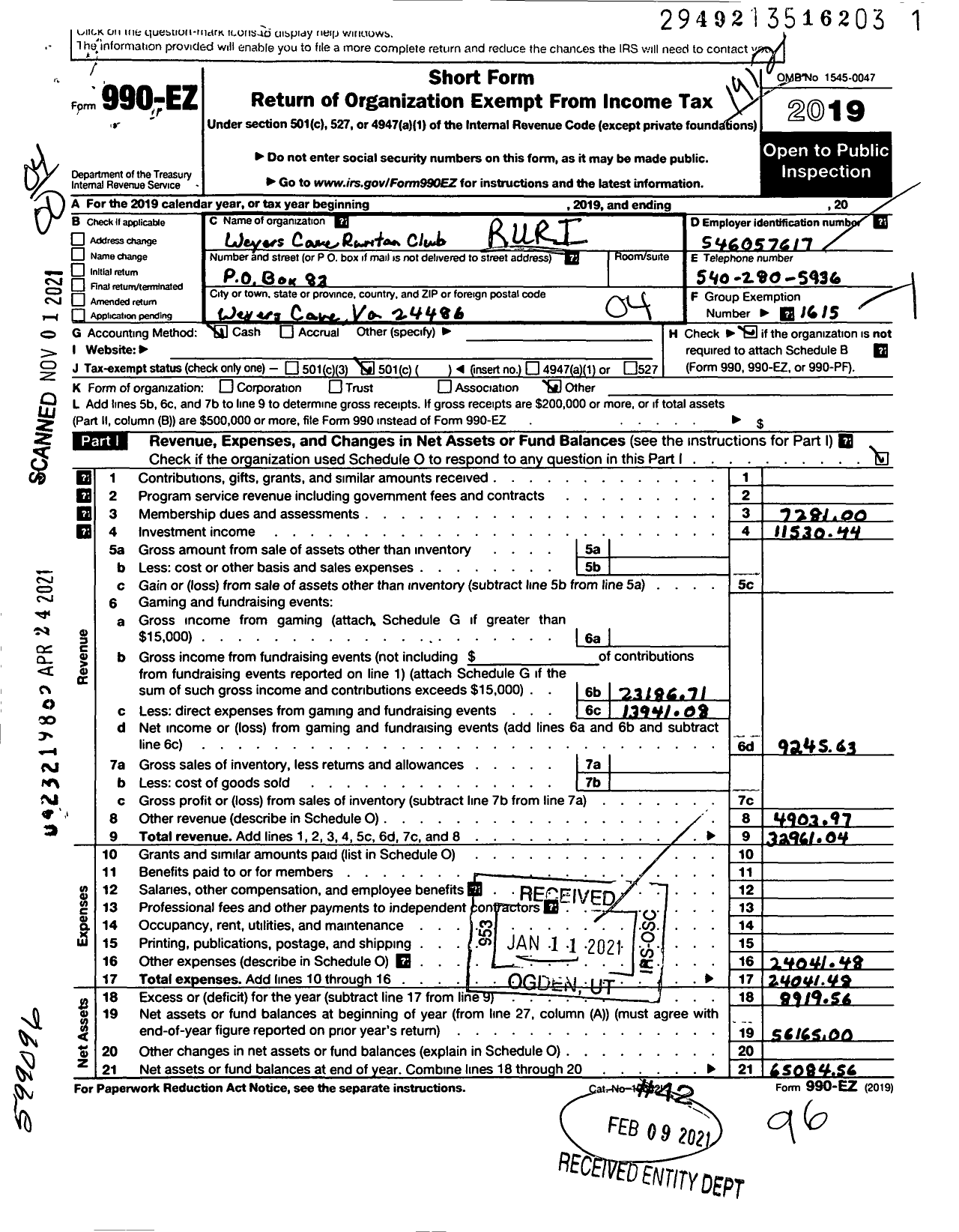 Image of first page of 2019 Form 990EO for Ruritan - Weyers Cave