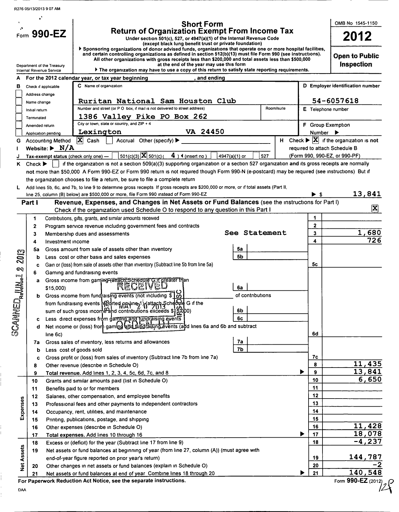 Image of first page of 2012 Form 990EO for Ruritan - Sam Houston