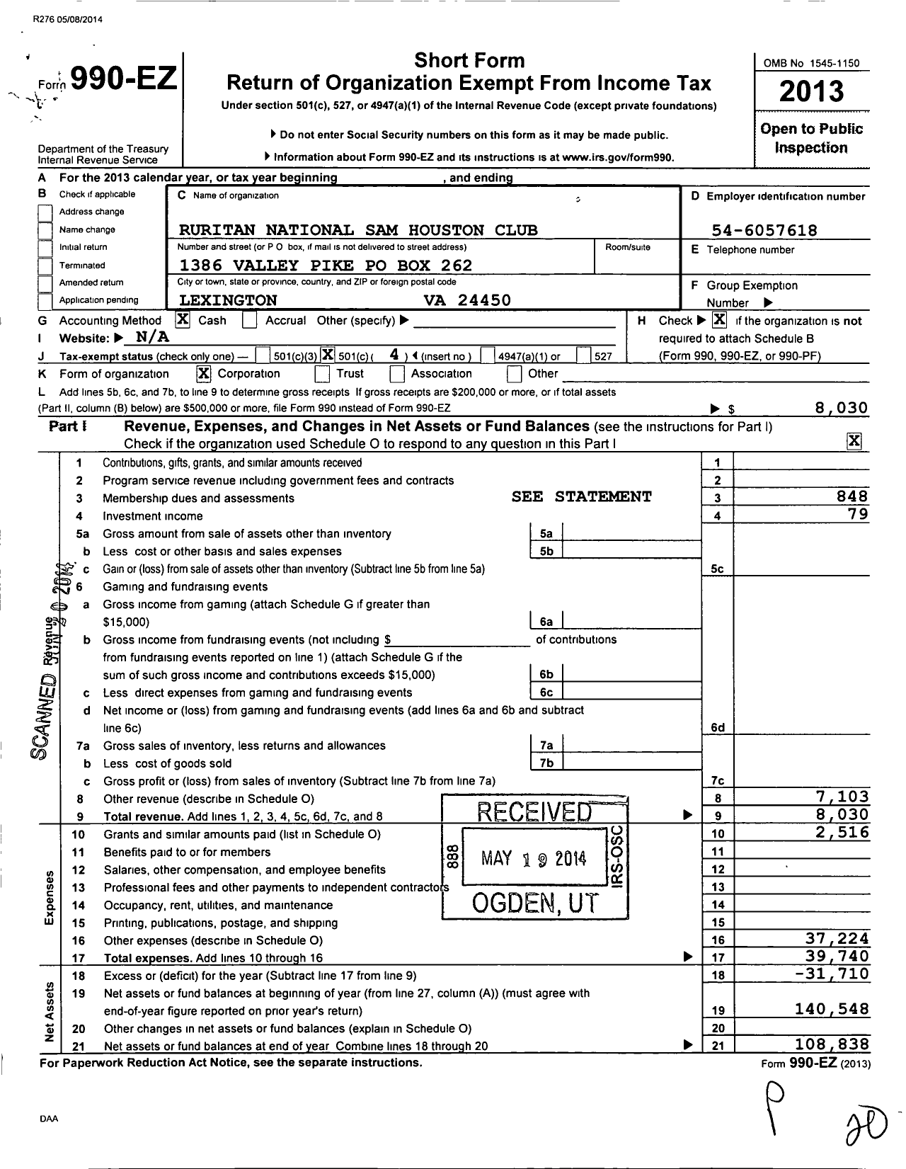 Image of first page of 2013 Form 990EO for Ruritan - Sam Houston