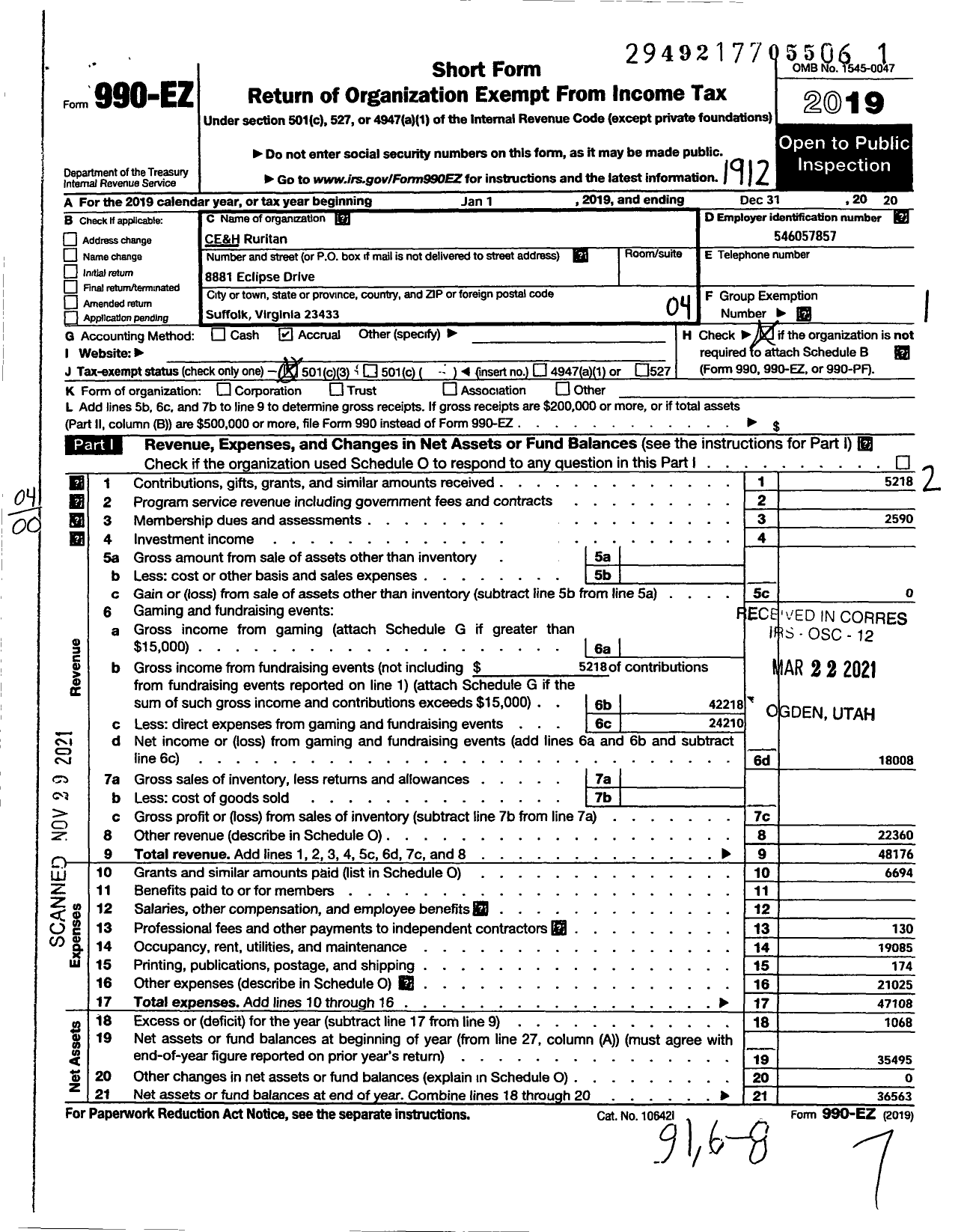 Image of first page of 2019 Form 990EO for Ruritan - CE&H