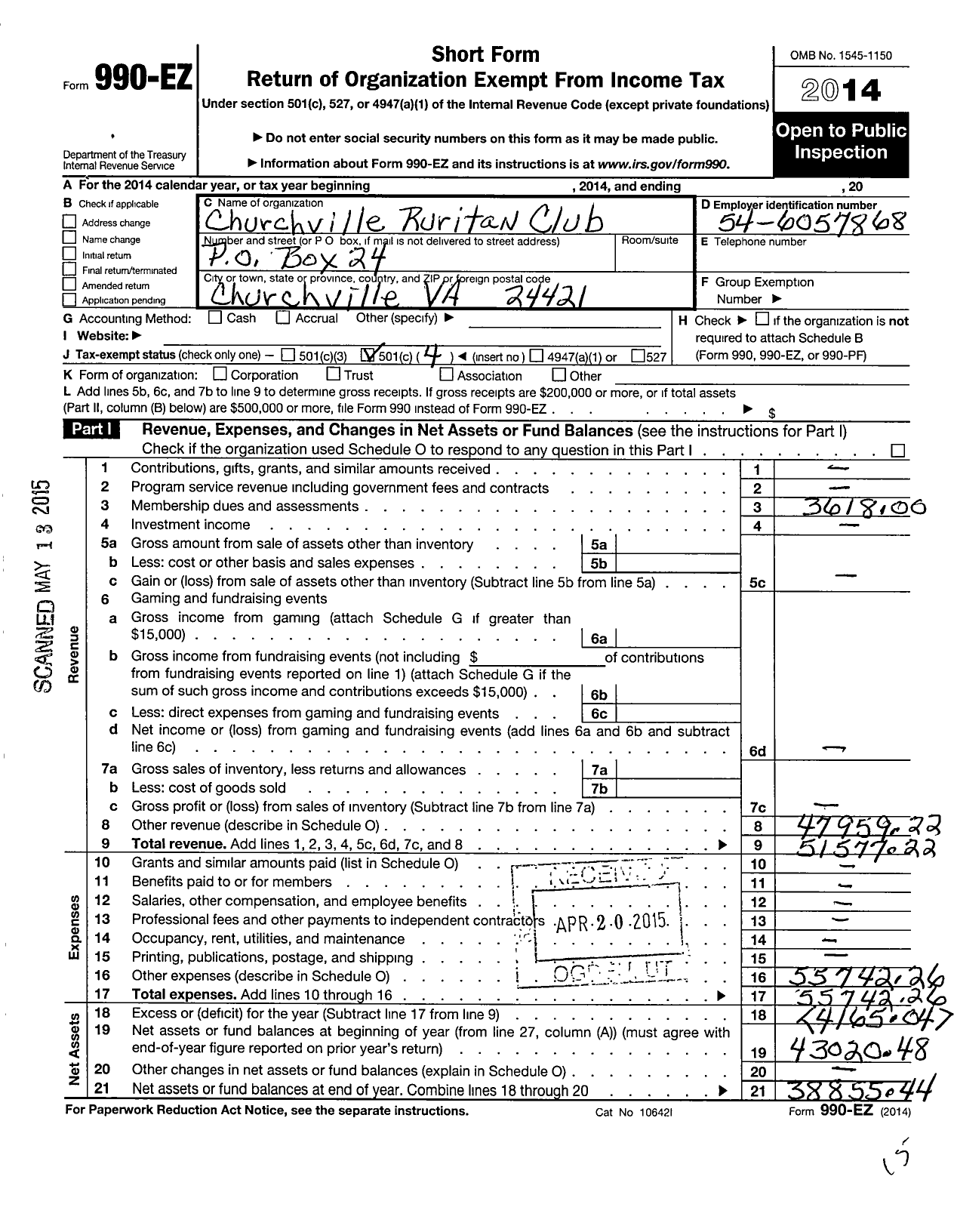 Image of first page of 2014 Form 990EO for Churchville Ruritan Club / Churchville Va