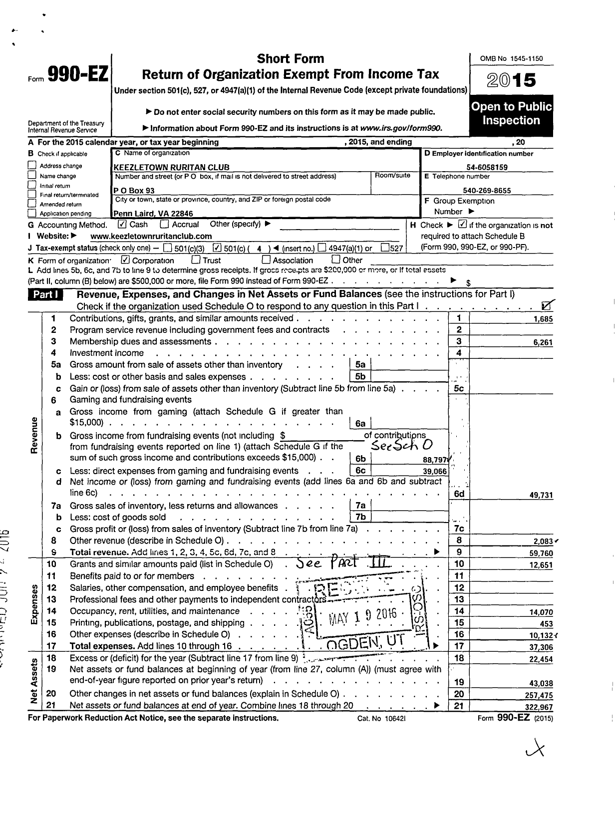 Image of first page of 2015 Form 990EO for Ruritan - Keezletown
