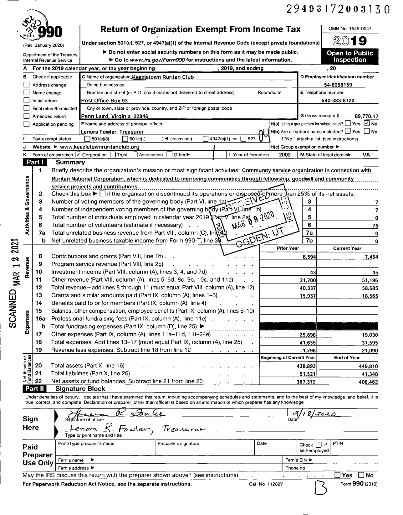 Image of first page of 2019 Form 990O for Ruritan - Keezletown