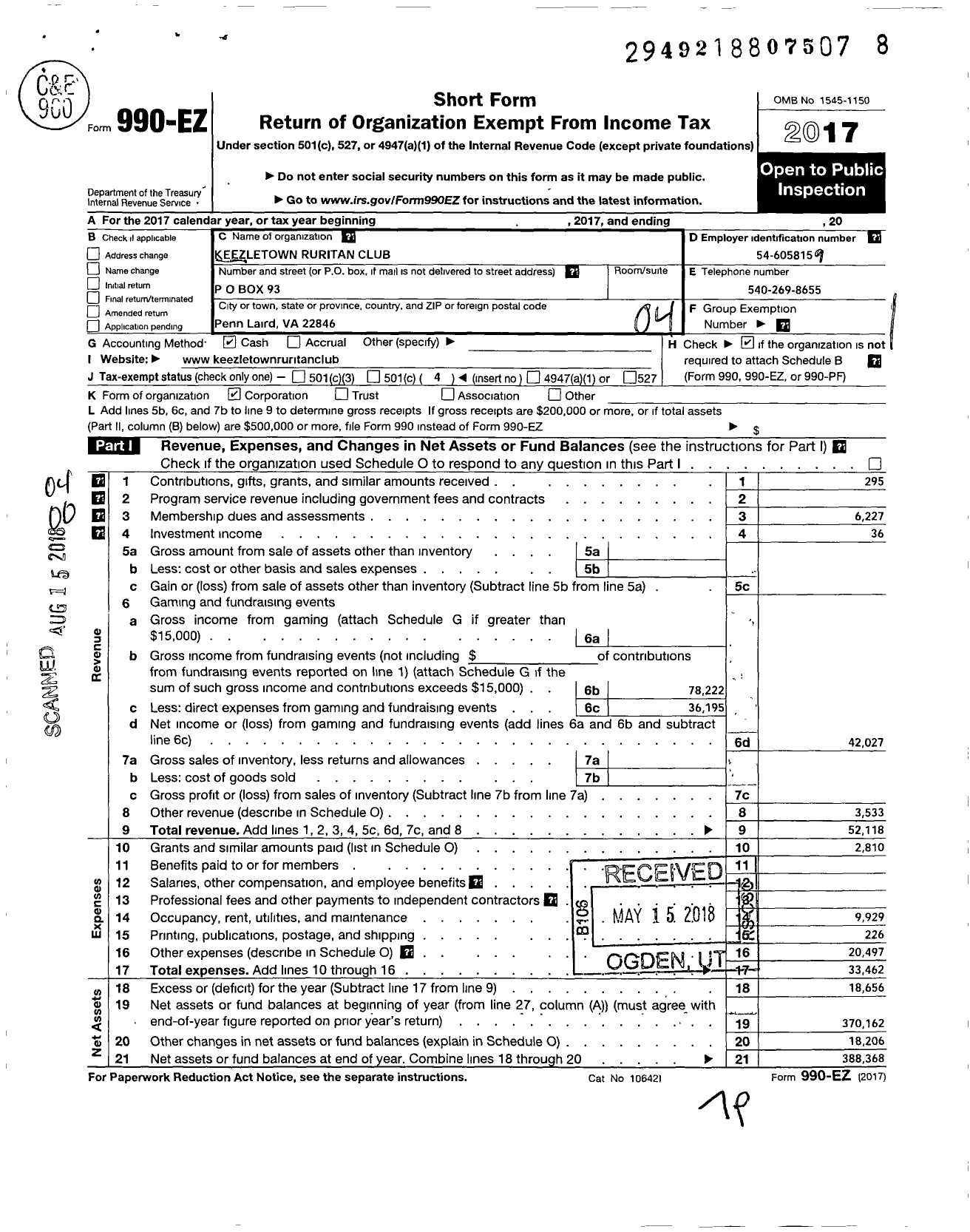 Image of first page of 2017 Form 990EO for Ruritan - Keezletown