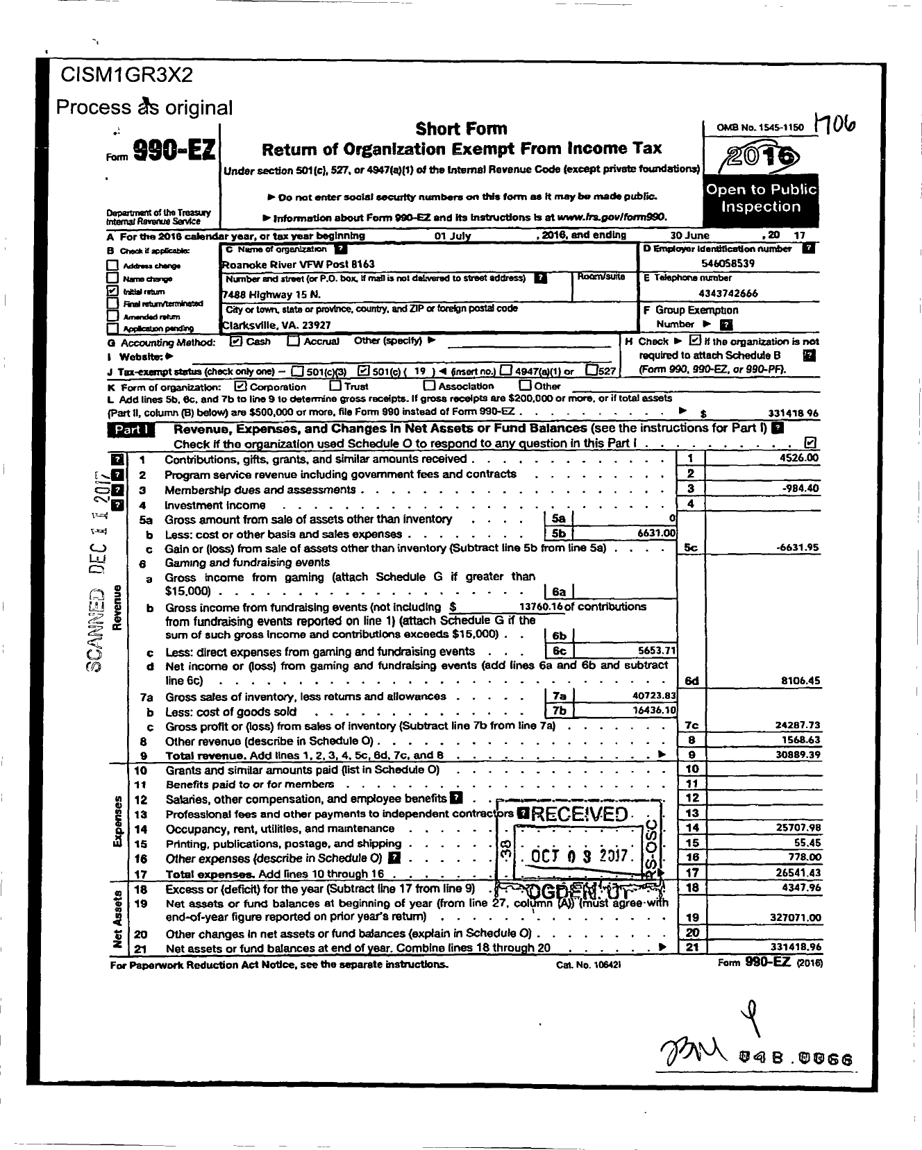 Image of first page of 2016 Form 990EO for Roanoke River VFW Post 8163