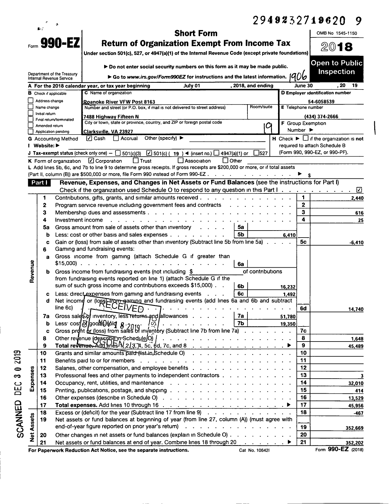 Image of first page of 2018 Form 990EO for Roanoke River VFW Post 8163