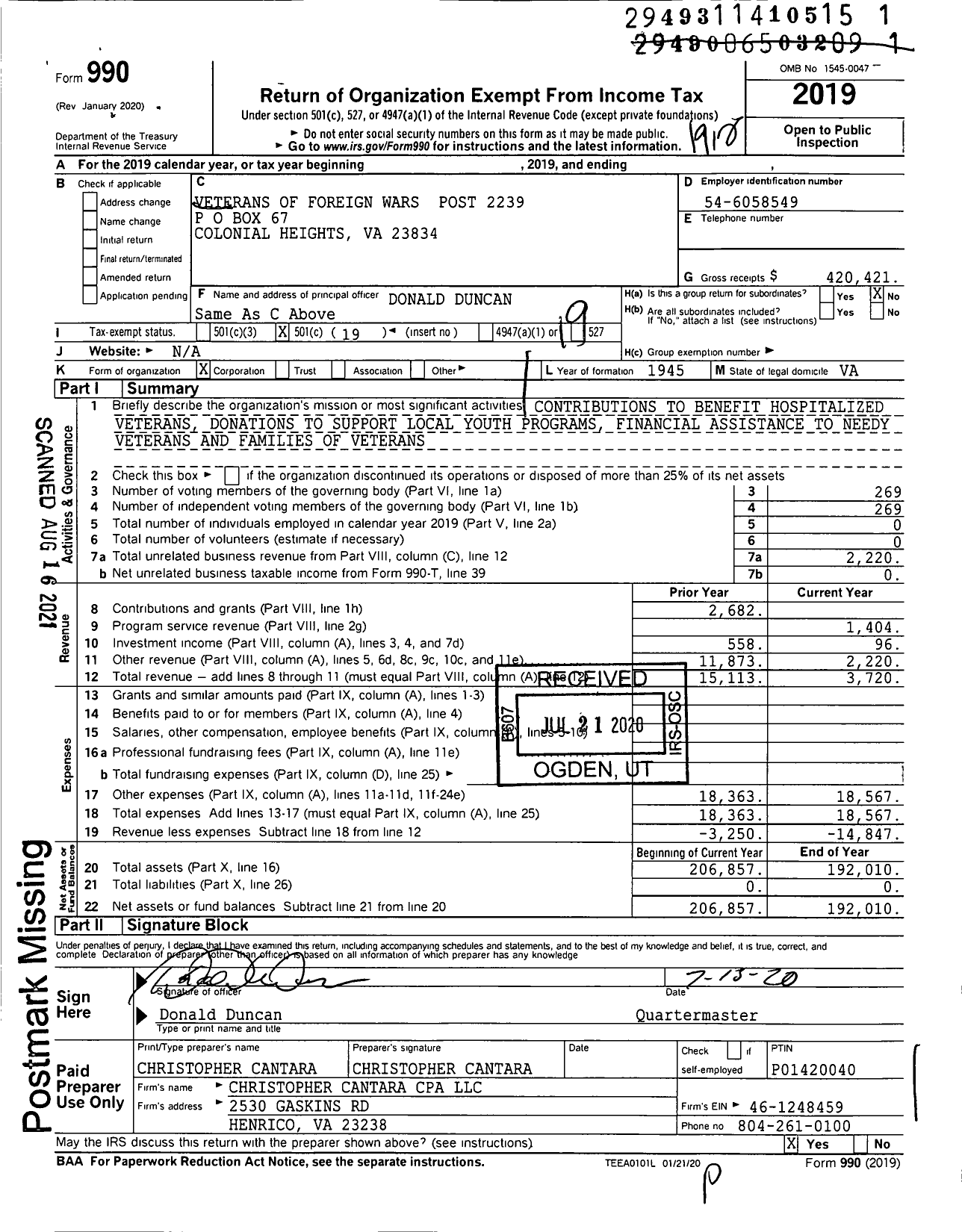 Image of first page of 2019 Form 990O for VFW Virginia - 2239 Colonial Heights