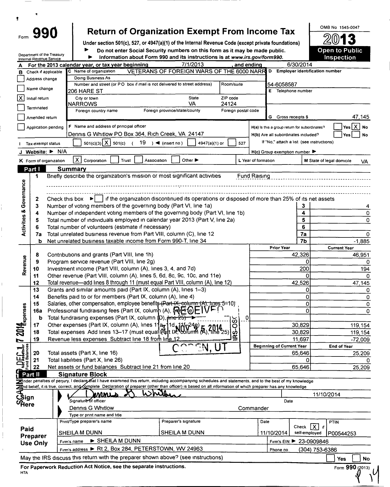 Image of first page of 2013 Form 990O for VFW Virginia - 6000 Narrows