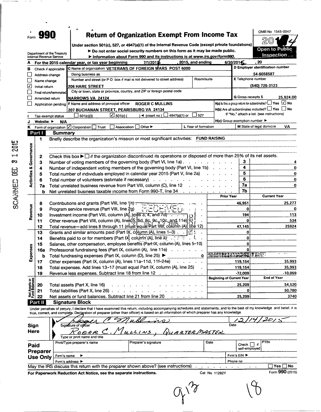 Image of first page of 2014 Form 990O for VFW Virginia - 6000 Narrows