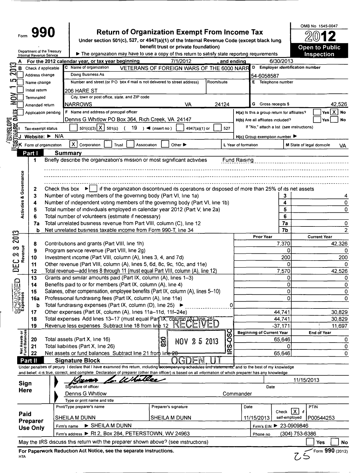 Image of first page of 2012 Form 990O for VFW Virginia - 6000 Narrows