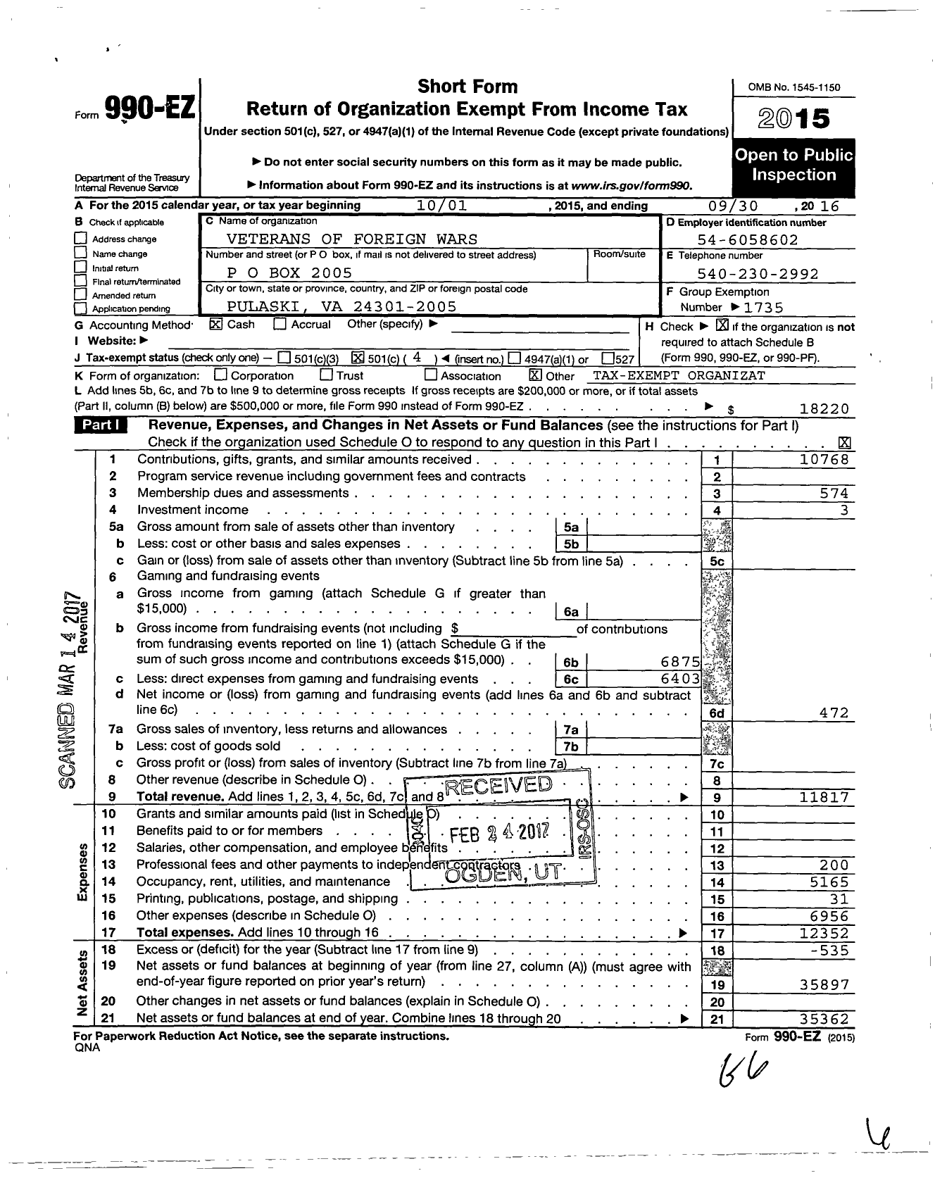 Image of first page of 2015 Form 990EO for VFW Virginia - 1184 Old Dominion Post