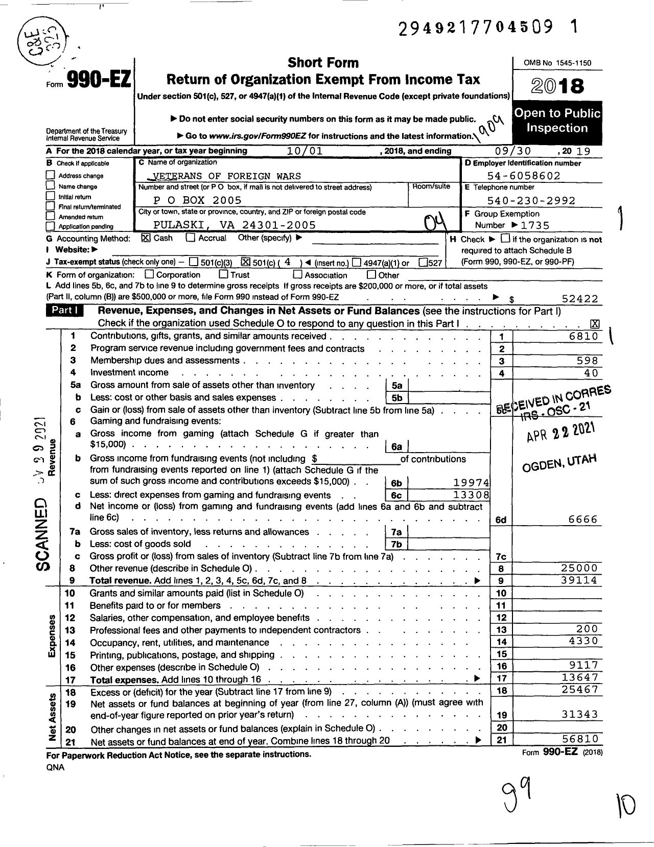 Image of first page of 2018 Form 990EO for VFW Virginia - 1184 Old Dominion Post