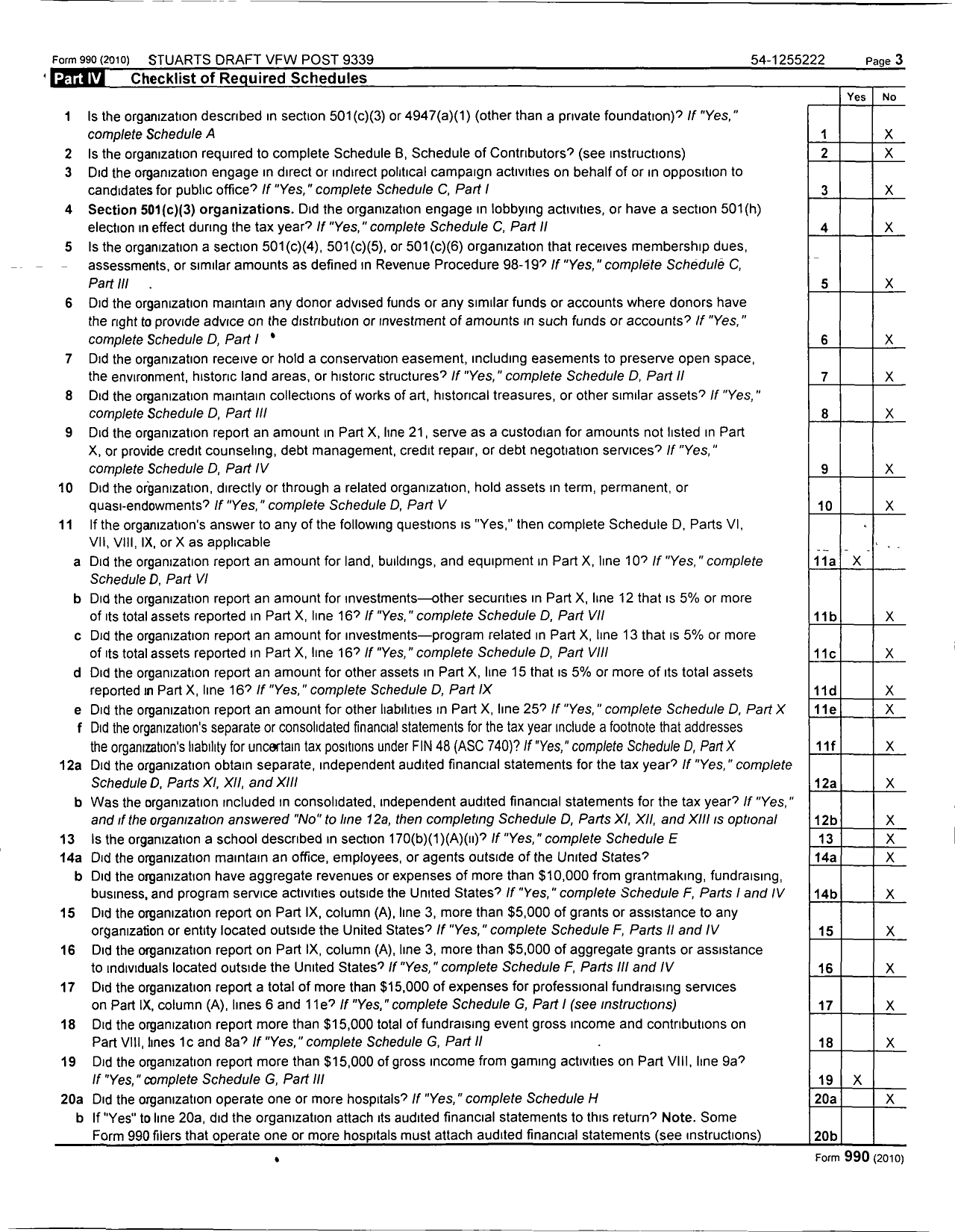 Image of first page of 2010 Form 990OR for VFW Virginia - 9339 Stuarts Draft