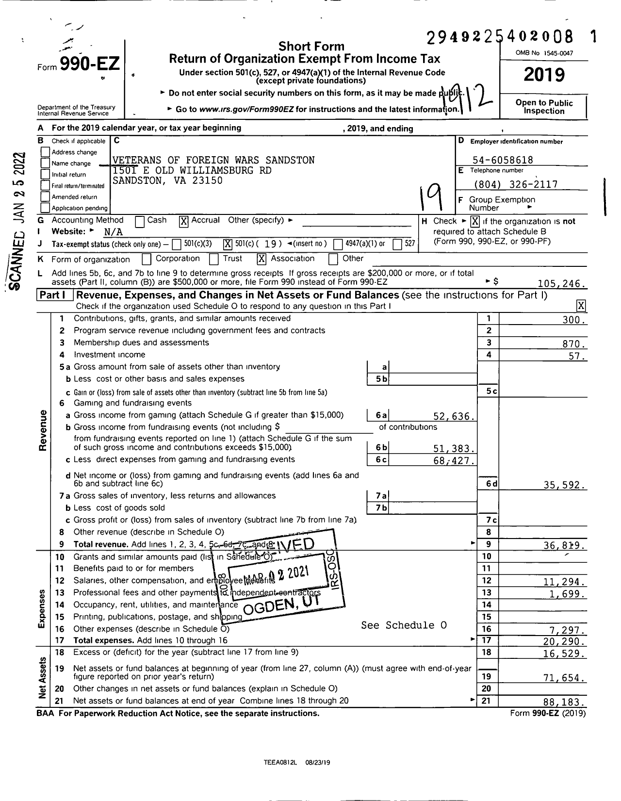 Image of first page of 2019 Form 990EO for VFW Virginia - 8529 Sandston