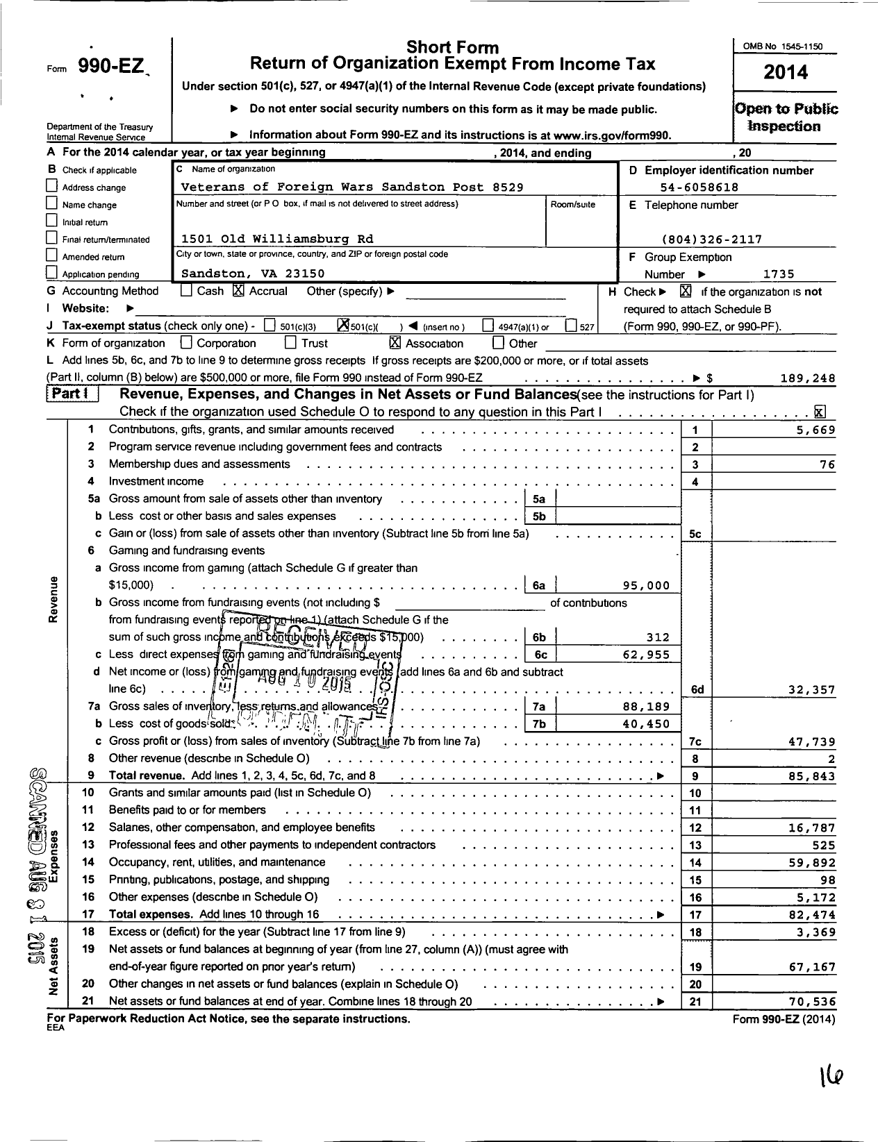 Image of first page of 2014 Form 990EO for VFW Virginia - 8529 Sandston