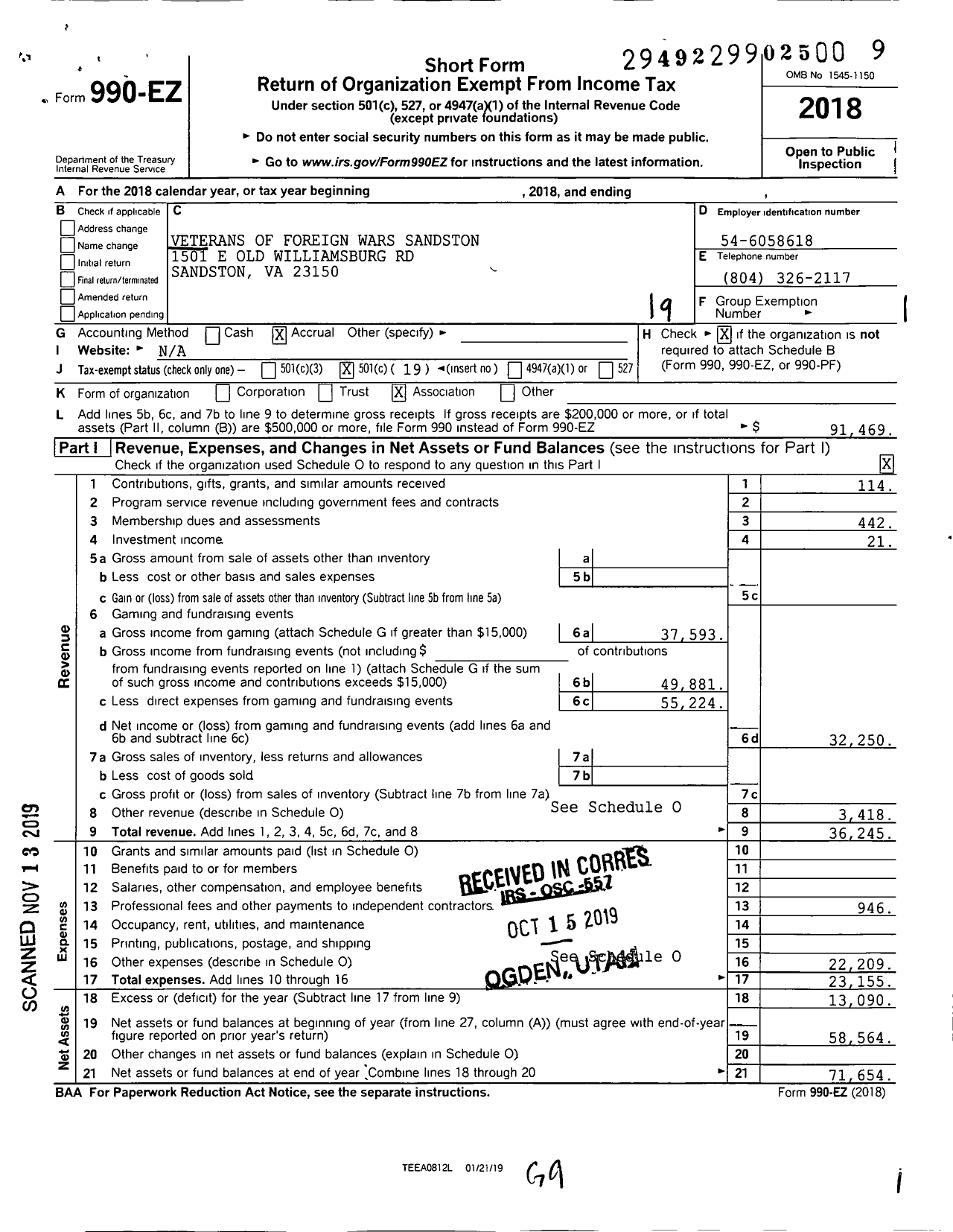 Image of first page of 2018 Form 990EO for VFW Virginia - 8529 Sandston