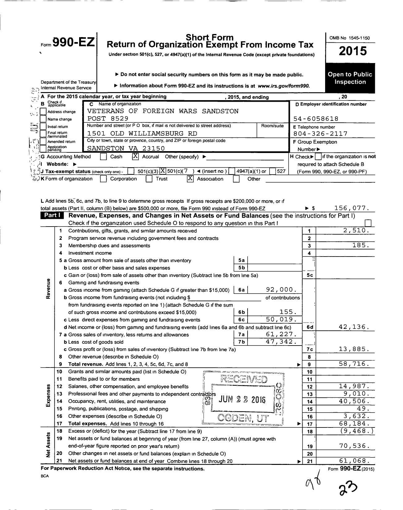 Image of first page of 2015 Form 990EO for VFW Virginia - 8529 Sandston