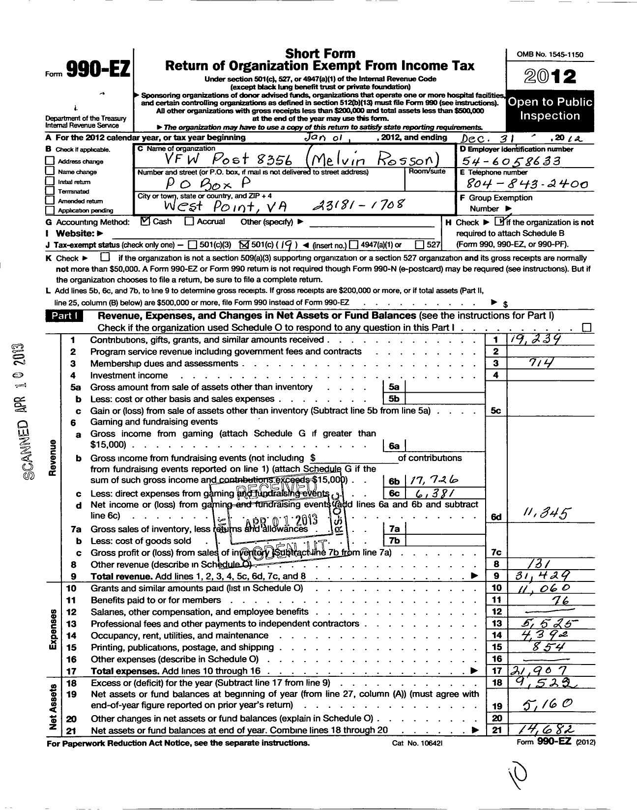 Image of first page of 2012 Form 990EO for VFW Virginia - 8356 Melvin Rosson Post