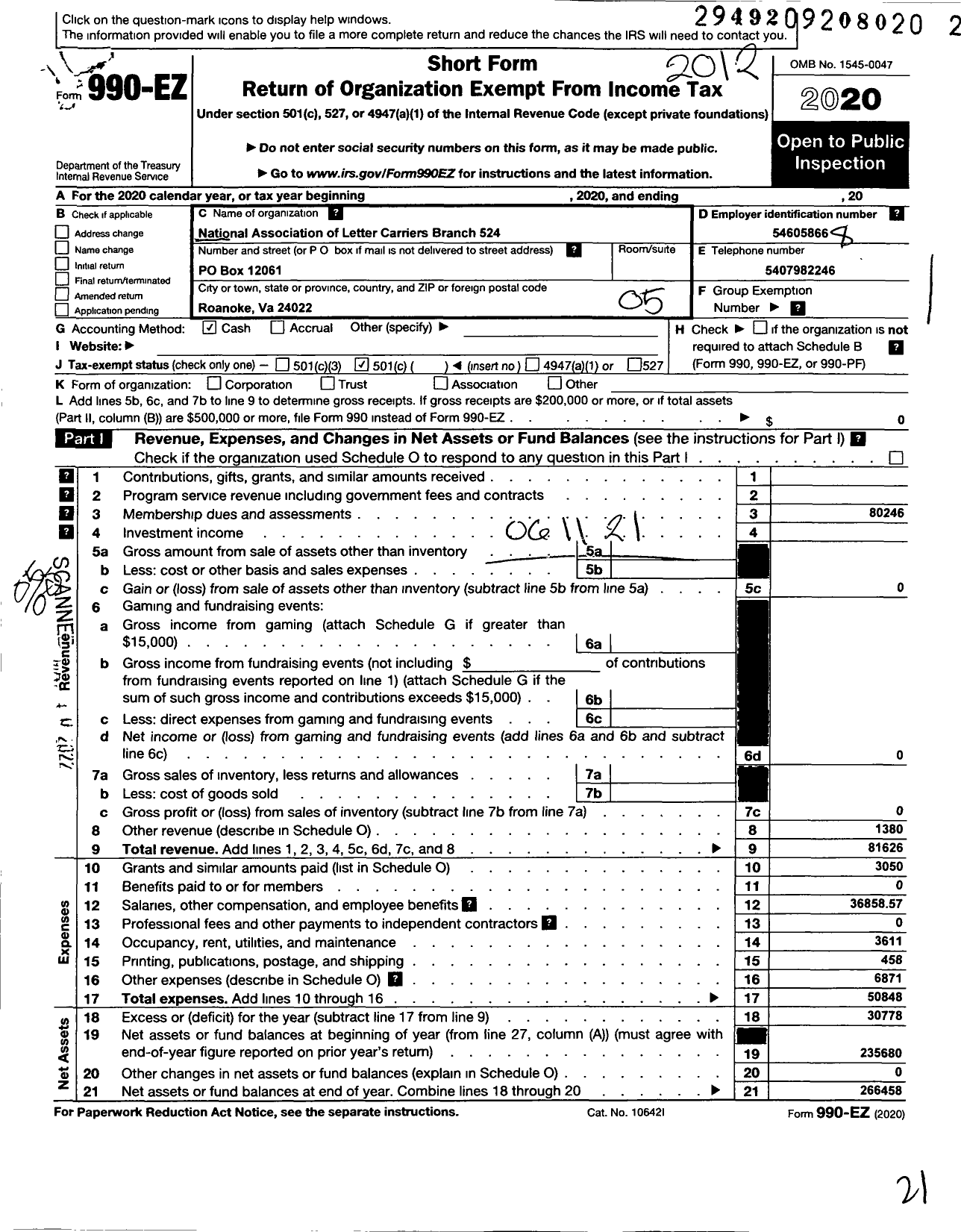 Image of first page of 2020 Form 990EO for National Association of Letter Carriers - 0524 Roanoke Virginia