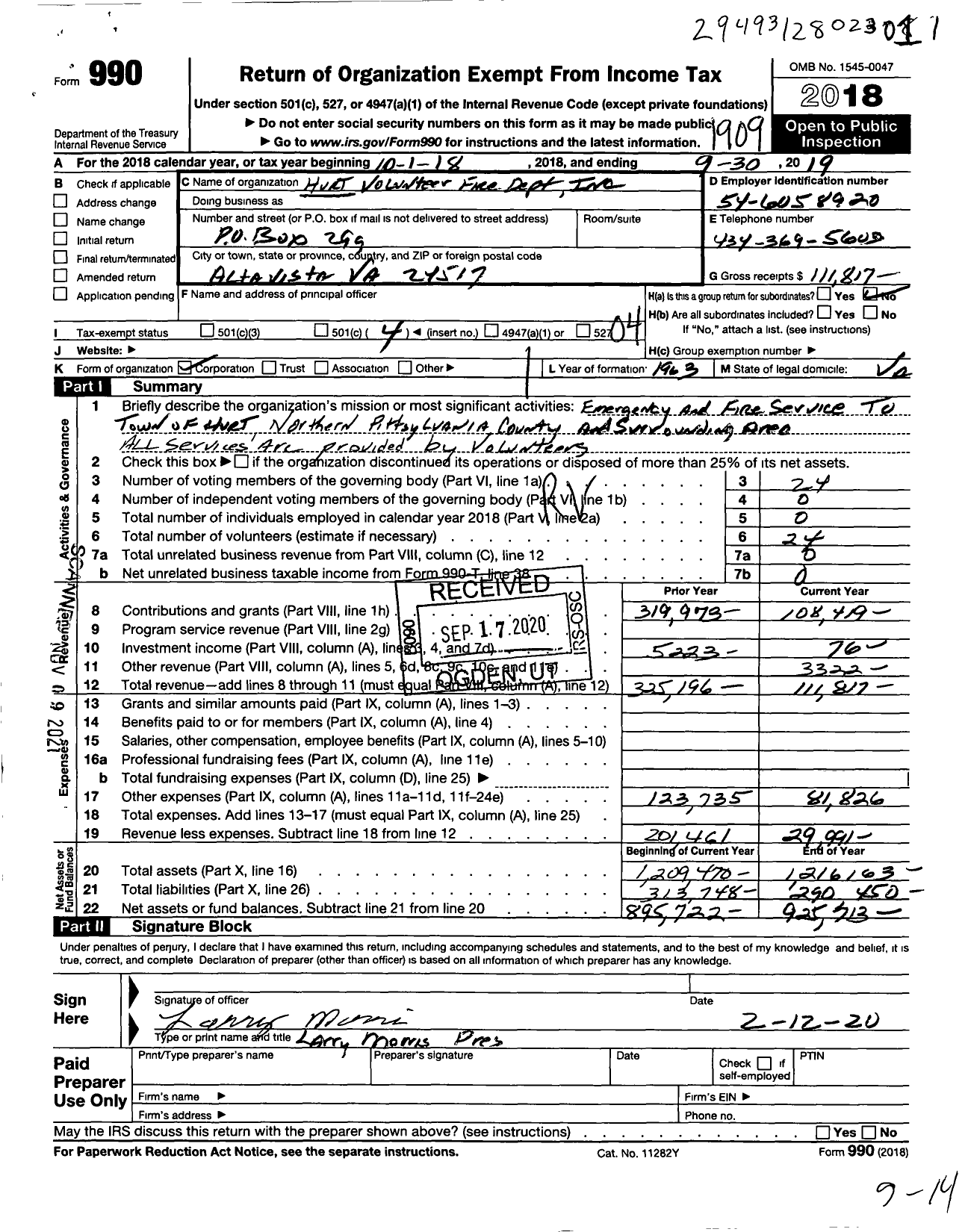 Image of first page of 2018 Form 990O for Hurt Volunteer Fire Department