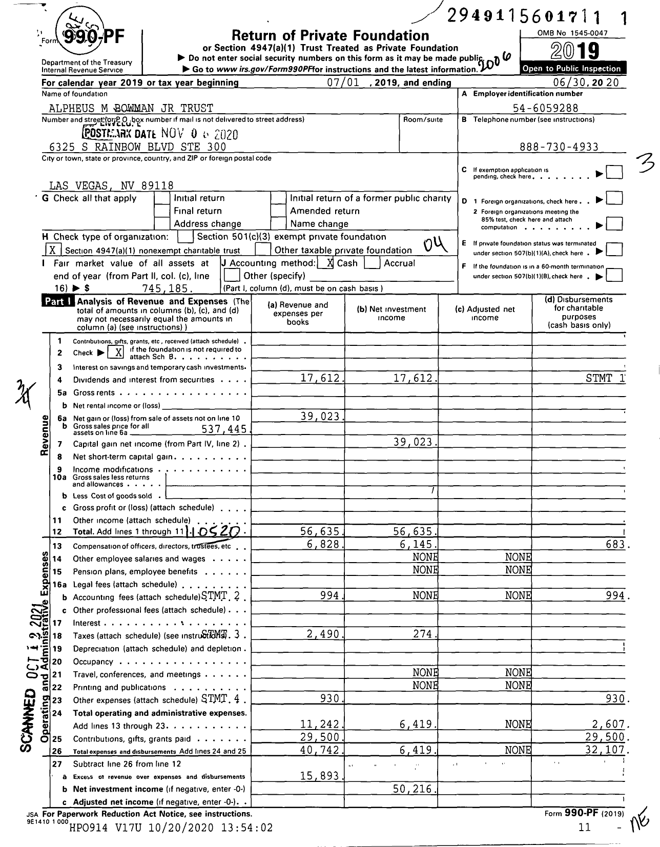 Image of first page of 2019 Form 990PF for Alpheus M Bowman JR Trust