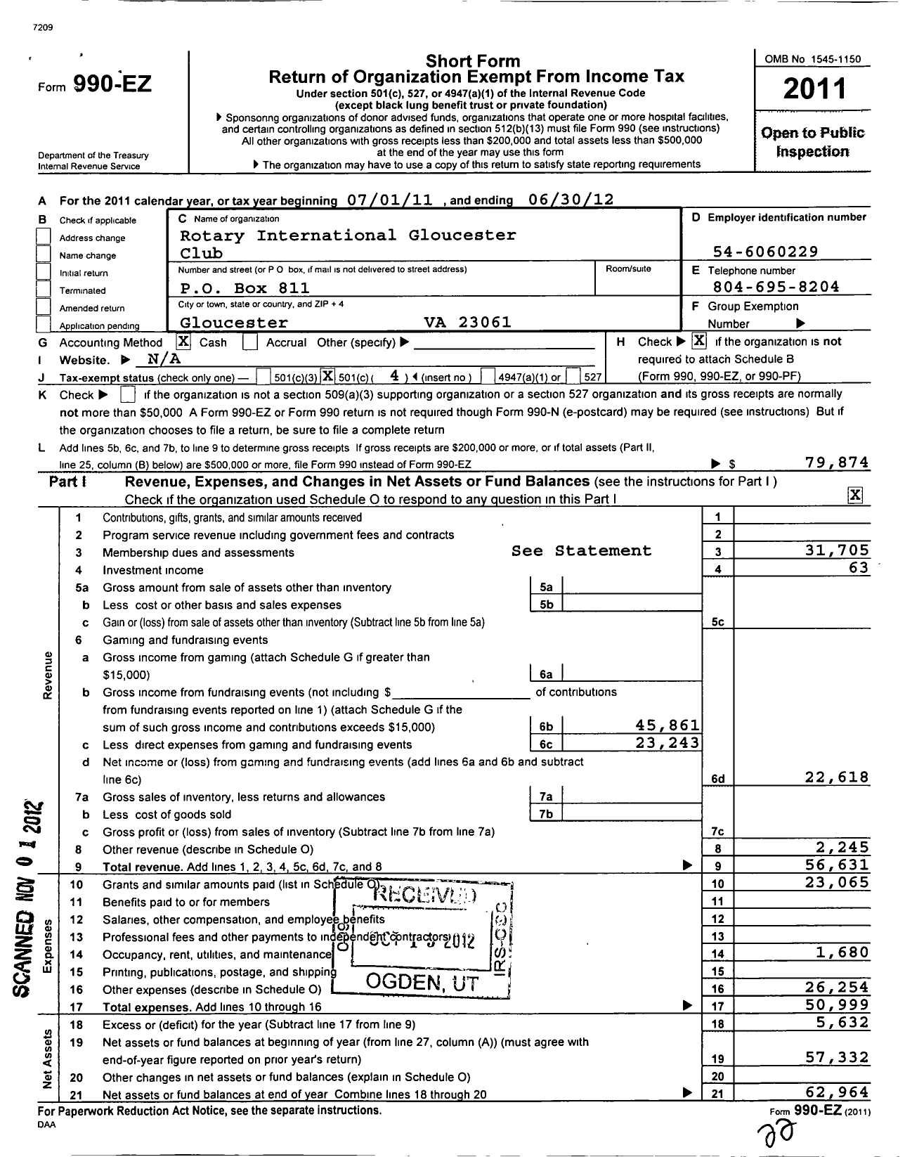 Image of first page of 2011 Form 990EO for Rotary International - Gloucester Club