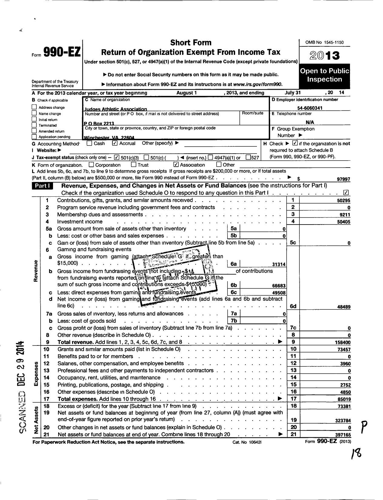 Image of first page of 2013 Form 990EZ for Judges Athletic Association