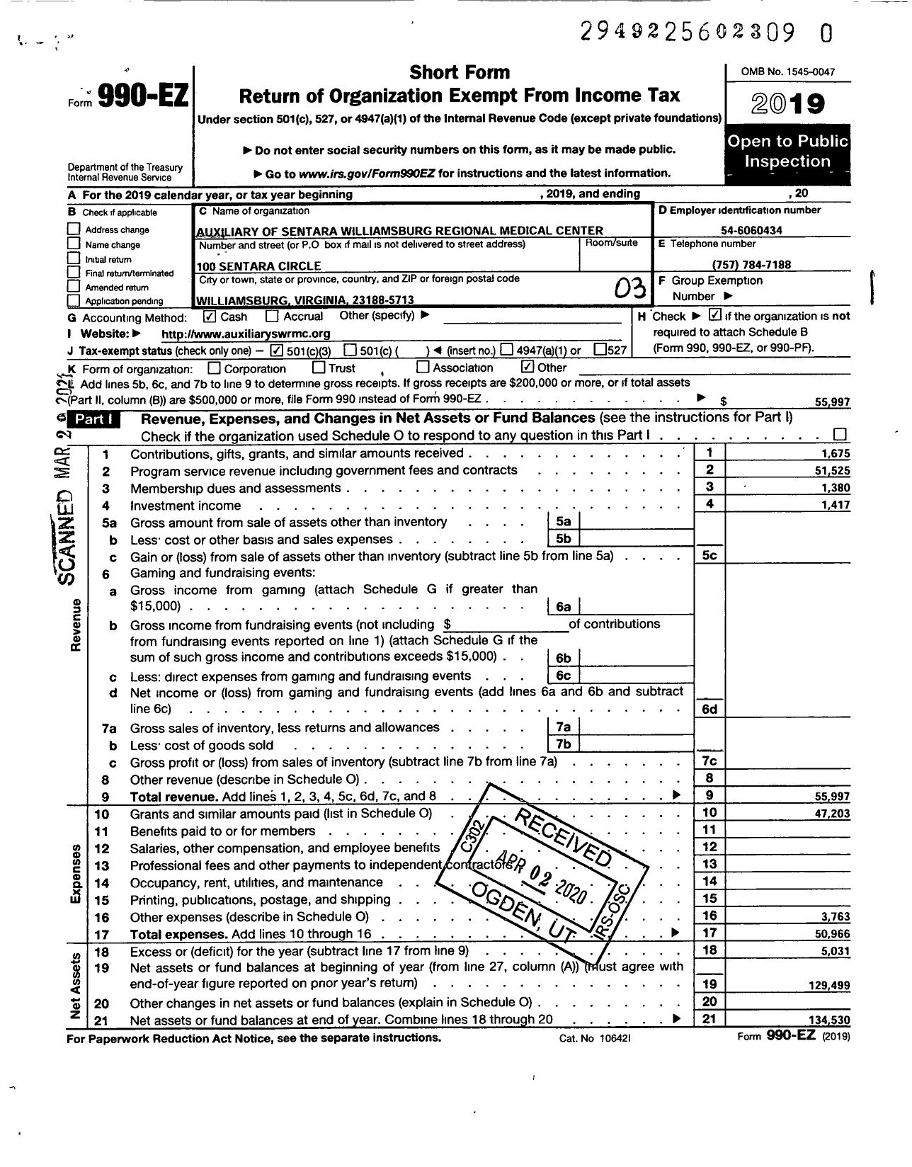 Image of first page of 2019 Form 990EZ for Sentara Williamsburg Regional Medical Center Auxiliary