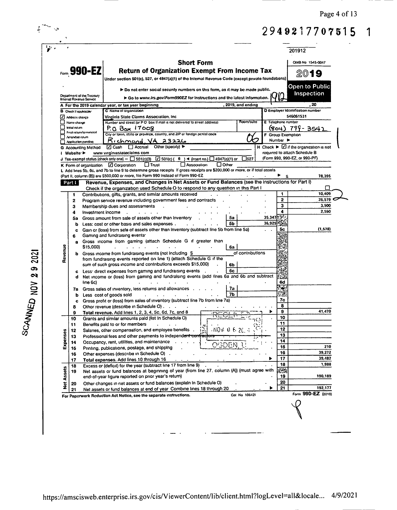 Image of first page of 2019 Form 990EO for Virginia State Claims Association