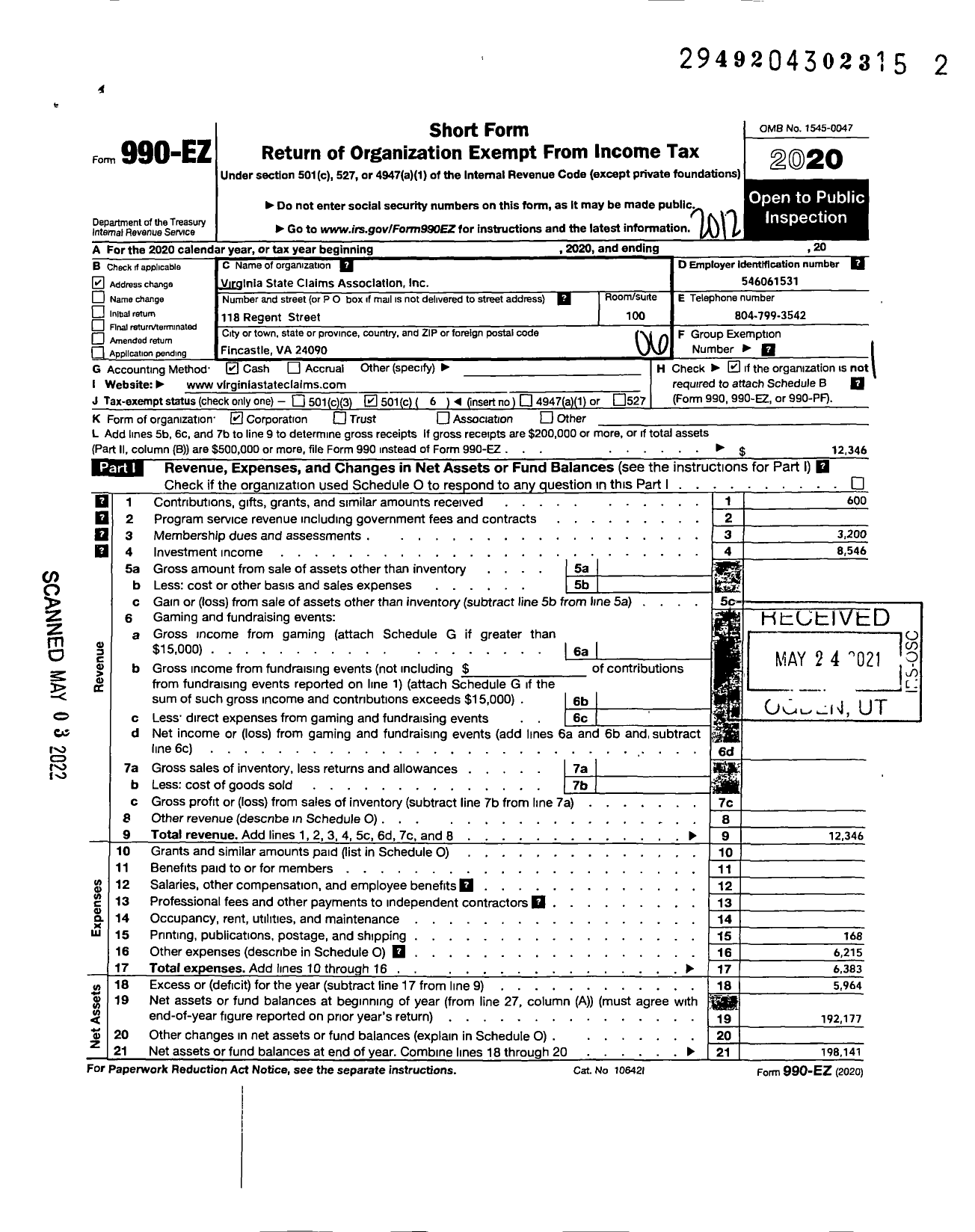 Image of first page of 2020 Form 990EO for Virginia State Claims Association