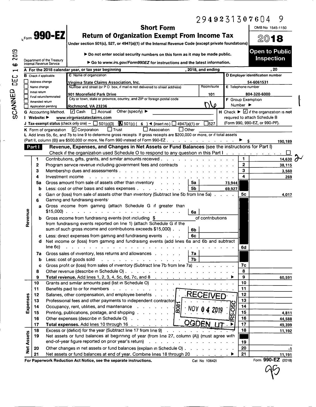 Image of first page of 2018 Form 990EO for Virginia State Claims Association