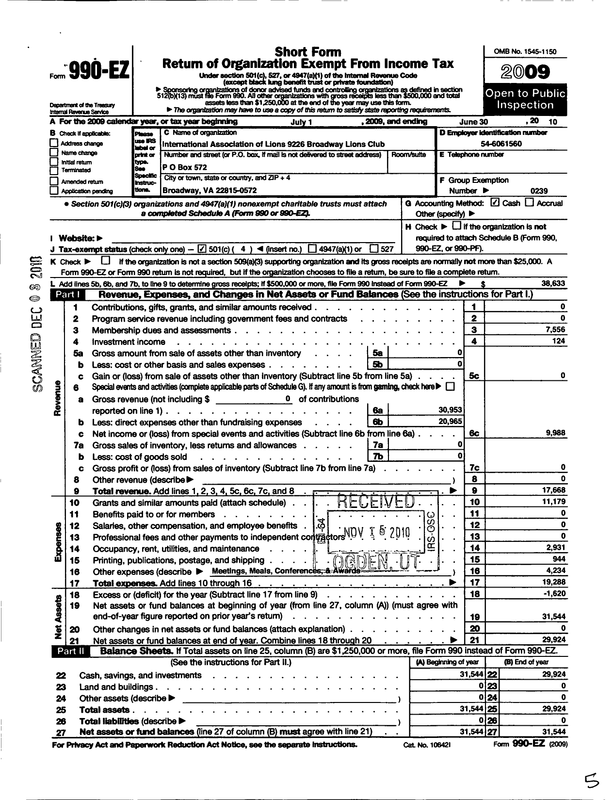 Image of first page of 2009 Form 990EO for LIONS CLUBS - 9226 Broadway Virginia