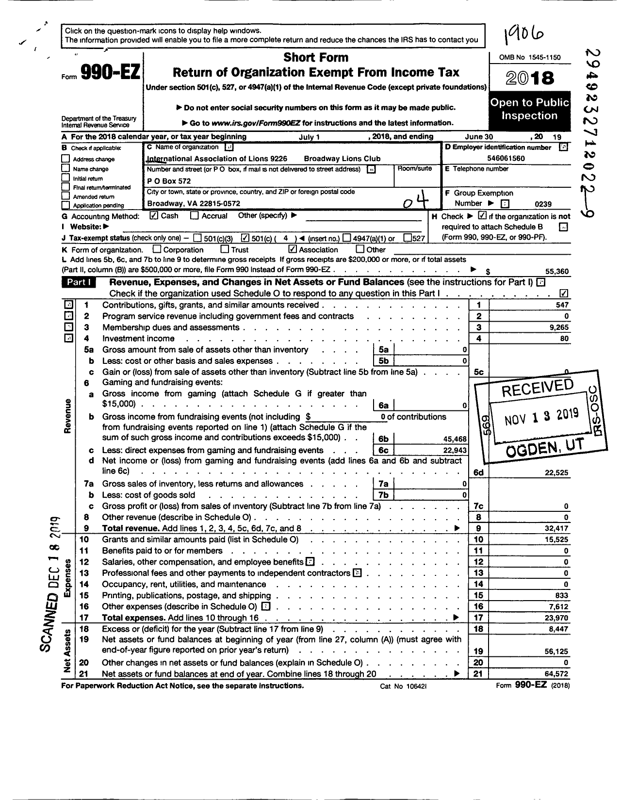 Image of first page of 2018 Form 990EO for LIONS CLUBS - 9226 Broadway Virginia