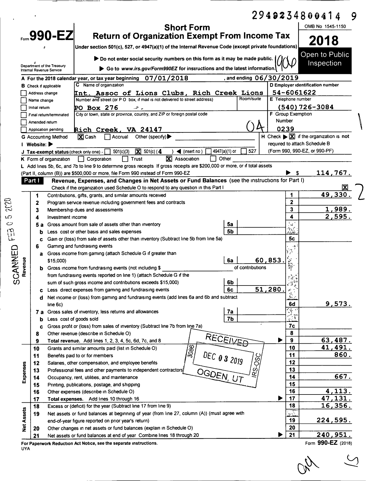 Image of first page of 2018 Form 990EO for Lions Clubs - 9346 Rich Creek Virginia