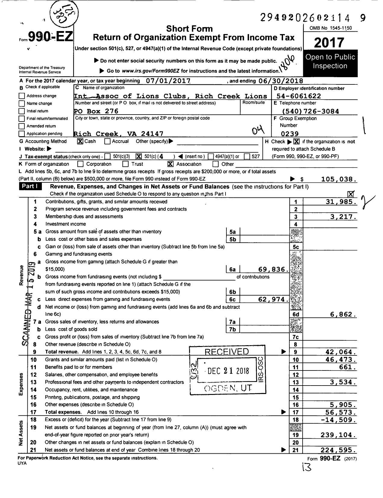 Image of first page of 2017 Form 990EO for Lions Clubs - 9346 Rich Creek Virginia