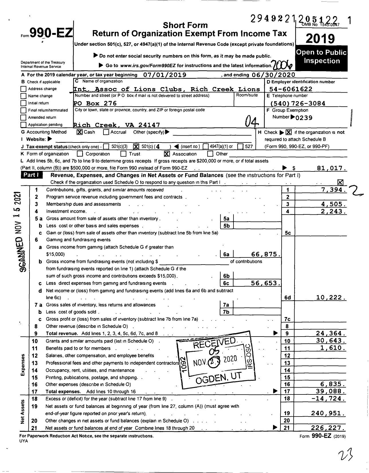 Image of first page of 2019 Form 990EO for Lions Clubs - 9346 Rich Creek Virginia