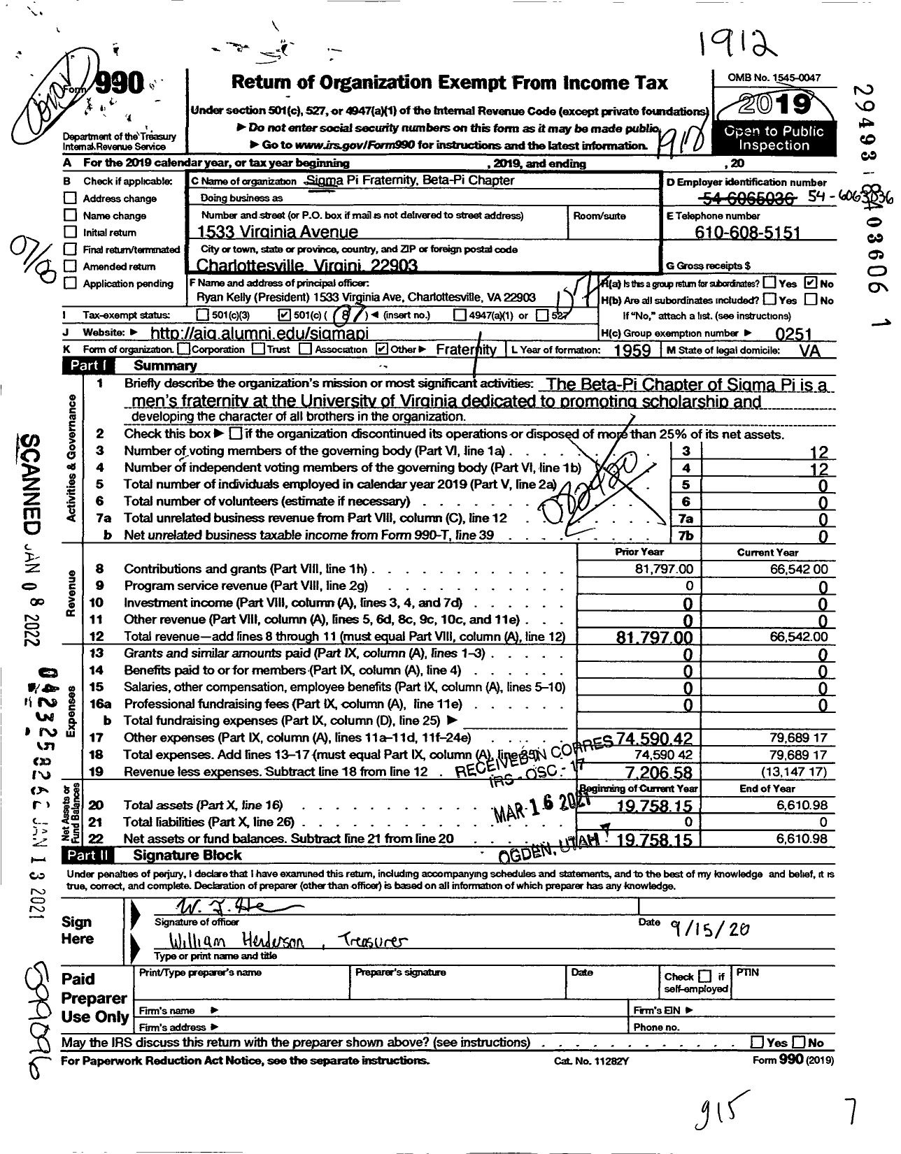 Image of first page of 2019 Form 990O for Sigma Pi Fraternity International / Beta-Pi Chapter