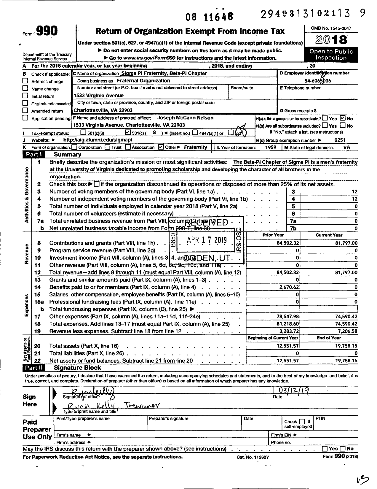 Image of first page of 2018 Form 990O for Sigma Pi Fraternity International / Beta-Pi Chapter