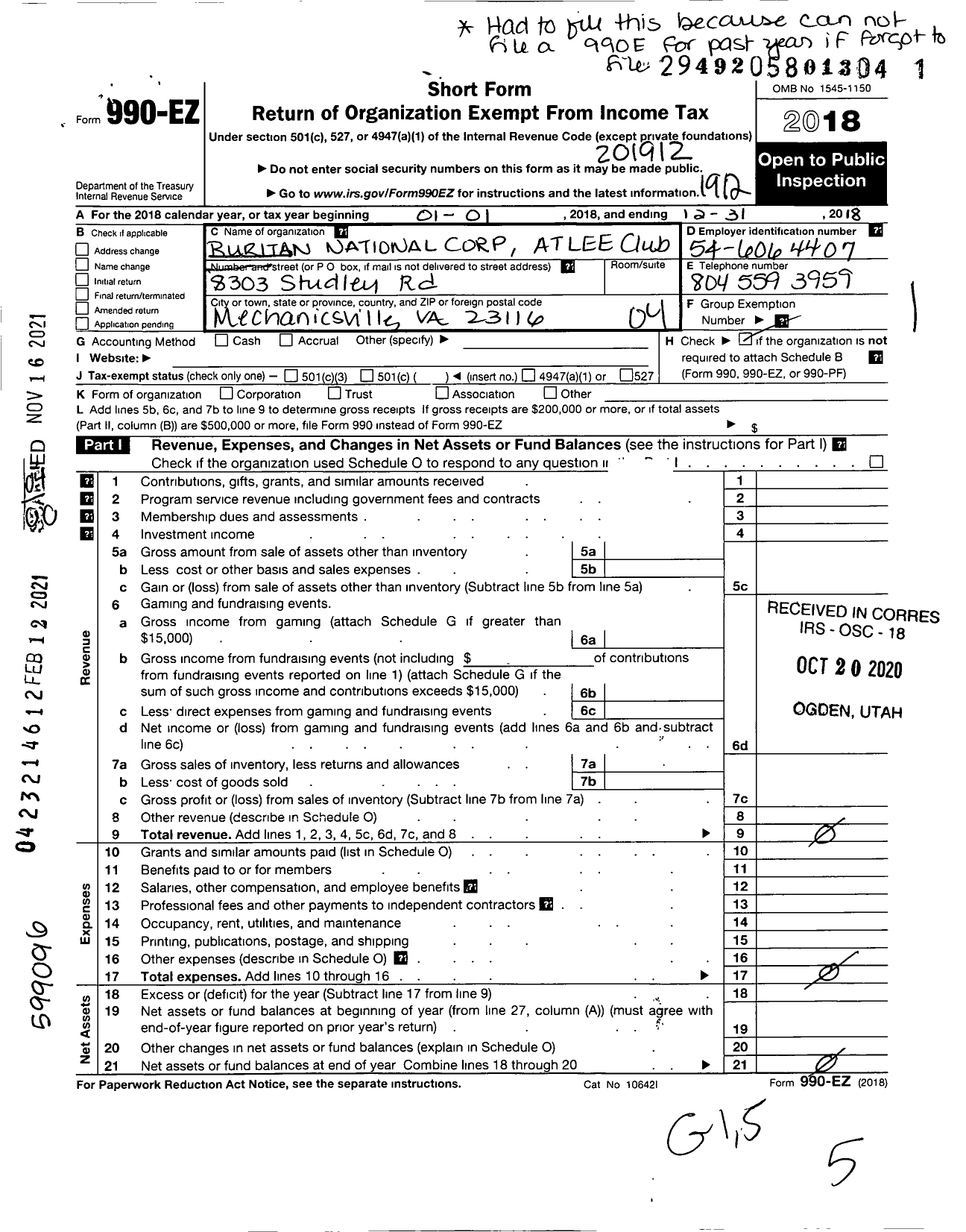 Image of first page of 2019 Form 990EO for Ruritan - Atlee