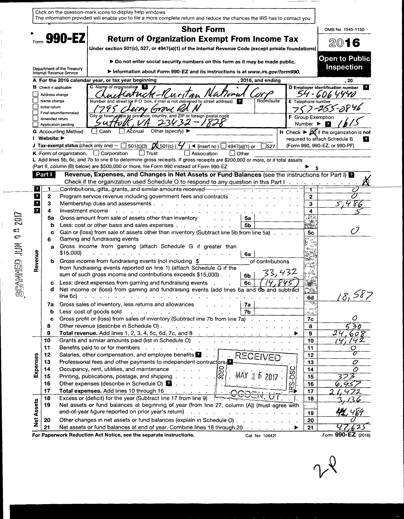 Image of first page of 2016 Form 990EO for Ruritan - Chuckatuck