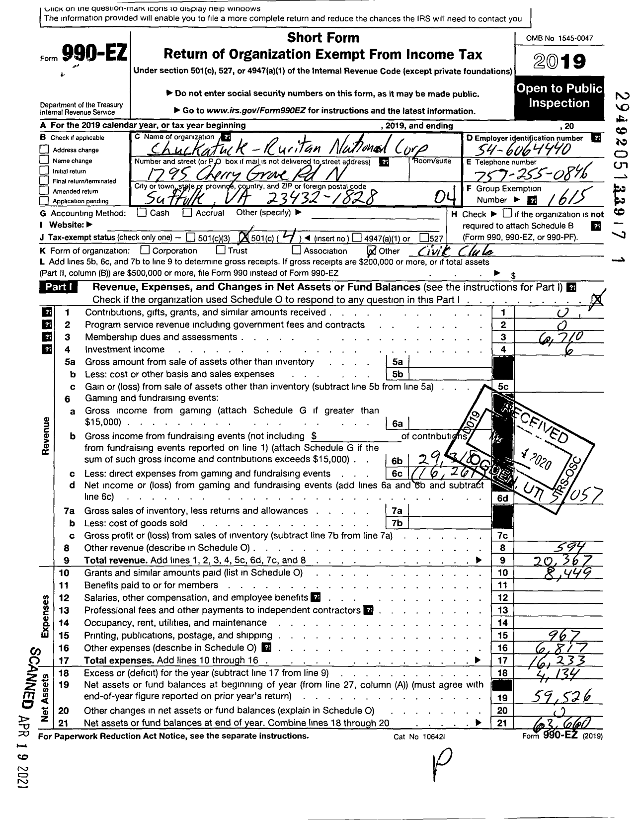 Image of first page of 2019 Form 990EO for Ruritan - Chuckatuck