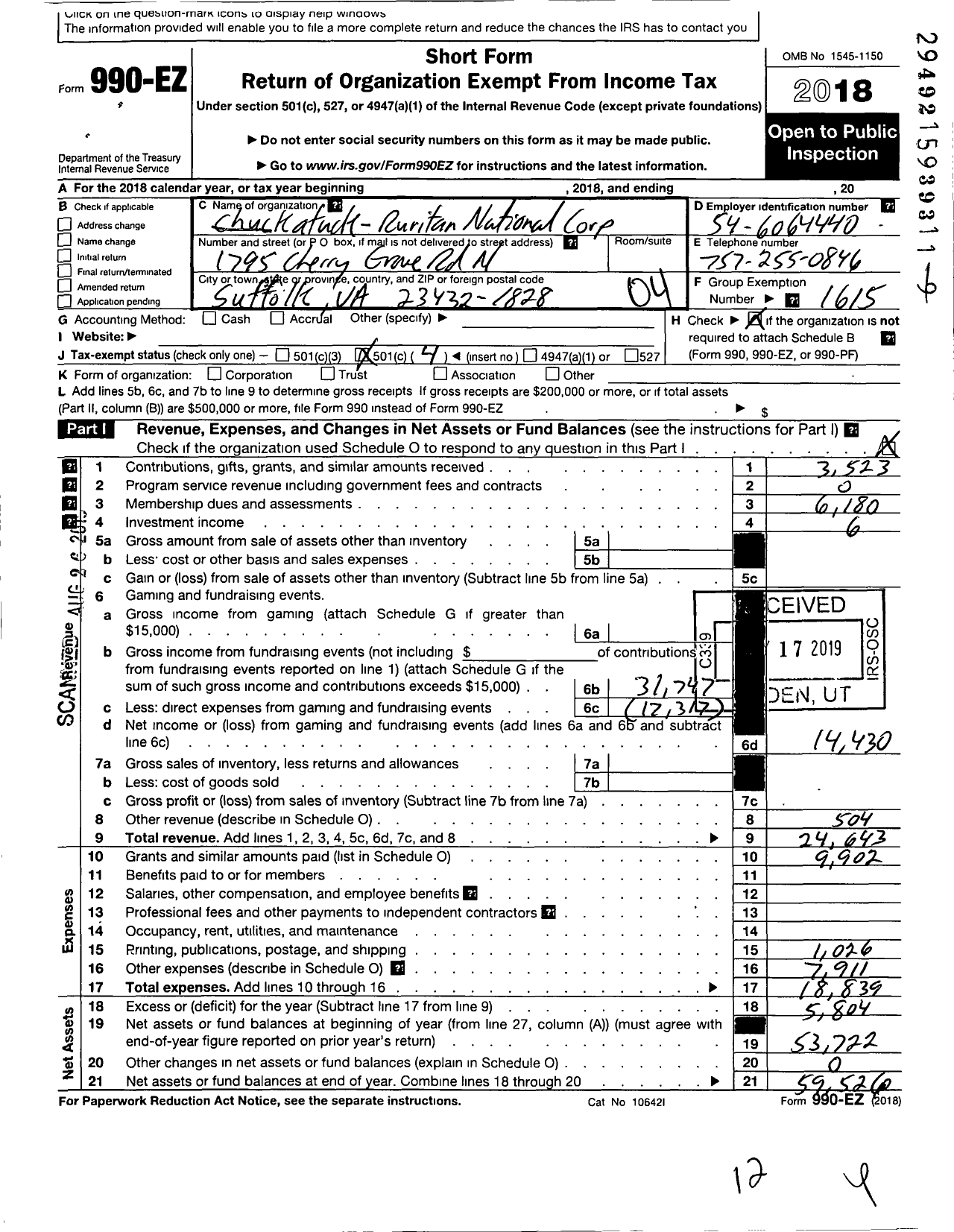 Image of first page of 2018 Form 990EO for Ruritan - Chuckatuck