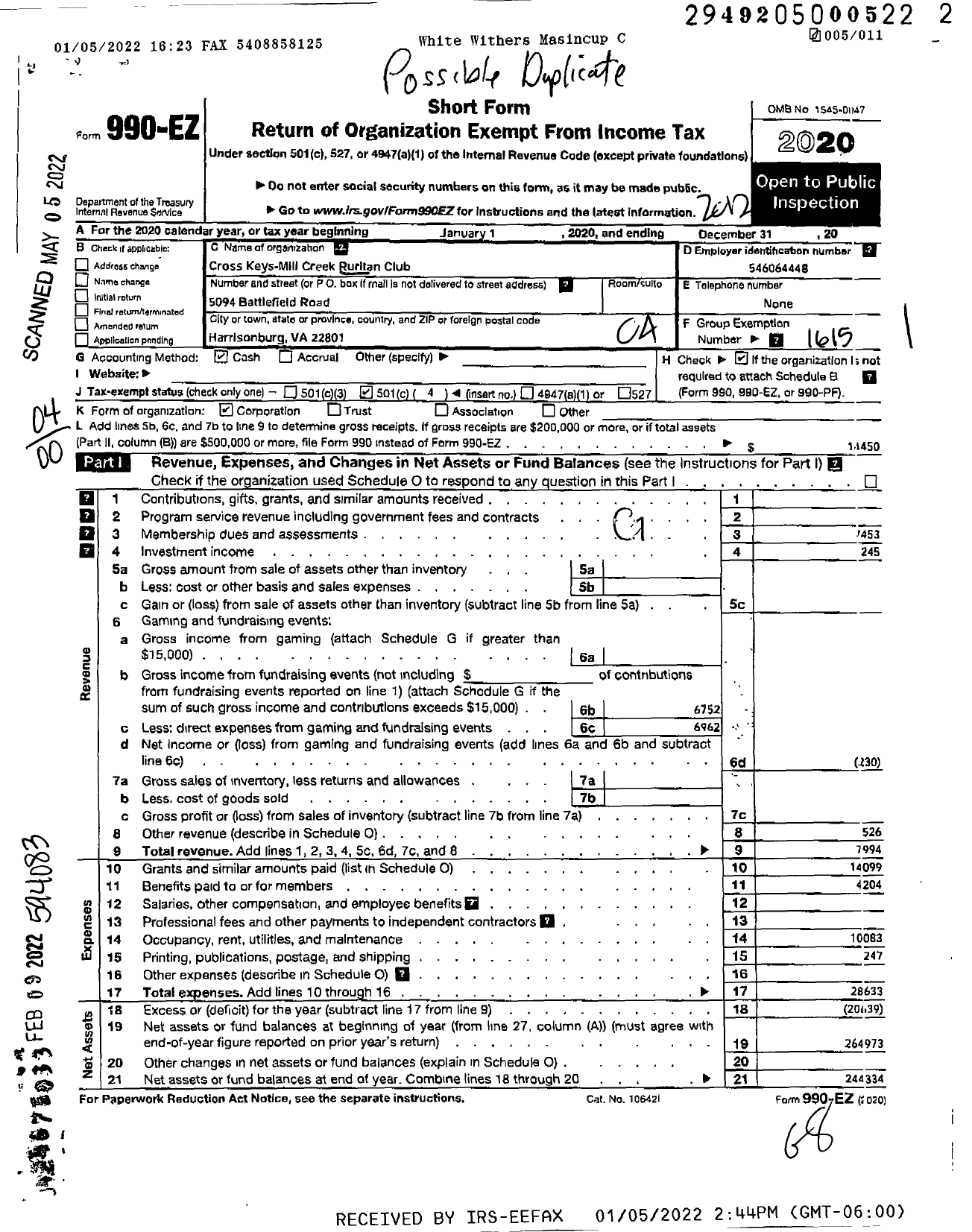 Image of first page of 2020 Form 990EO for Ruritan - Cross Keys-Mill Creek