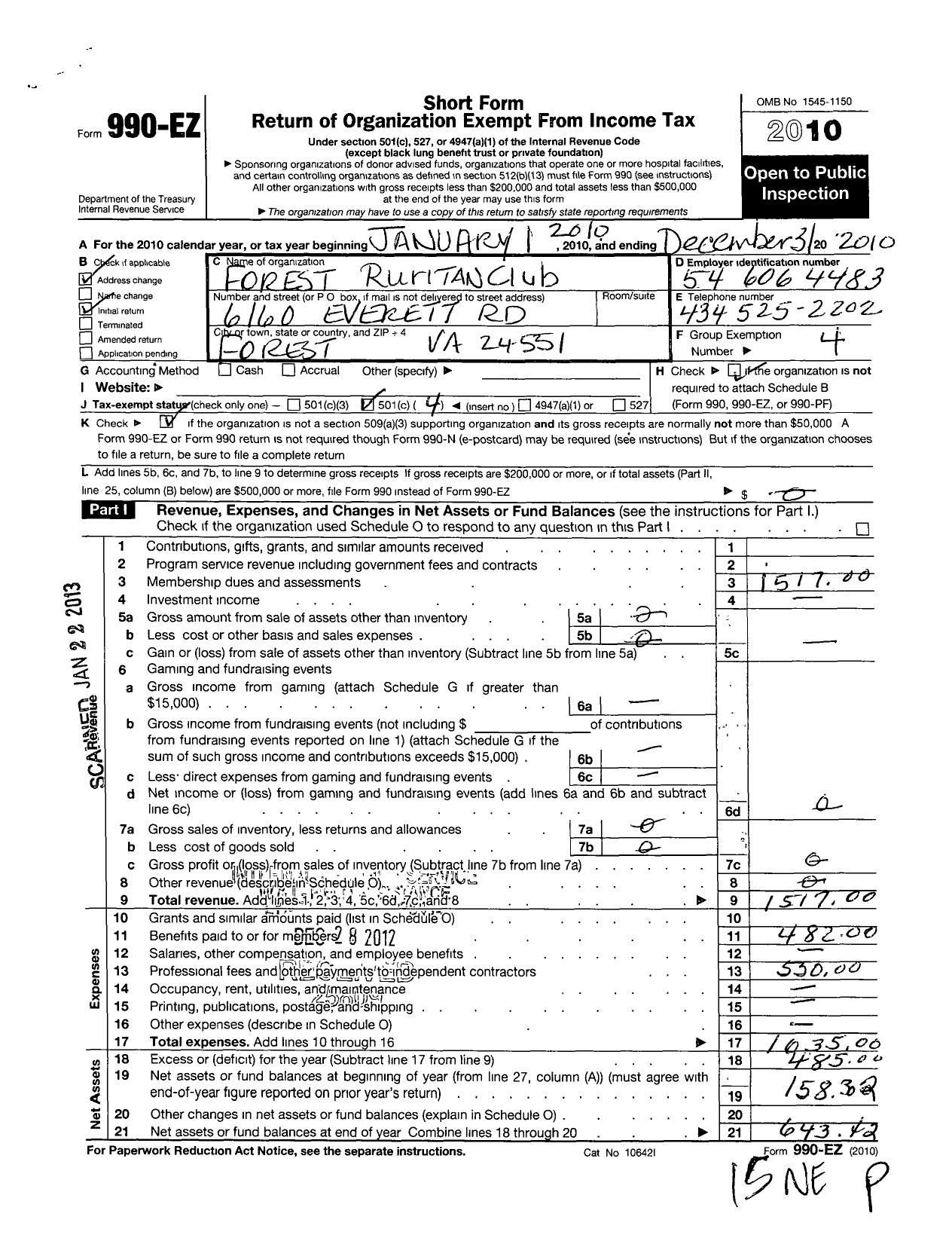 Image of first page of 2010 Form 990EO for Ruritan National Corporation