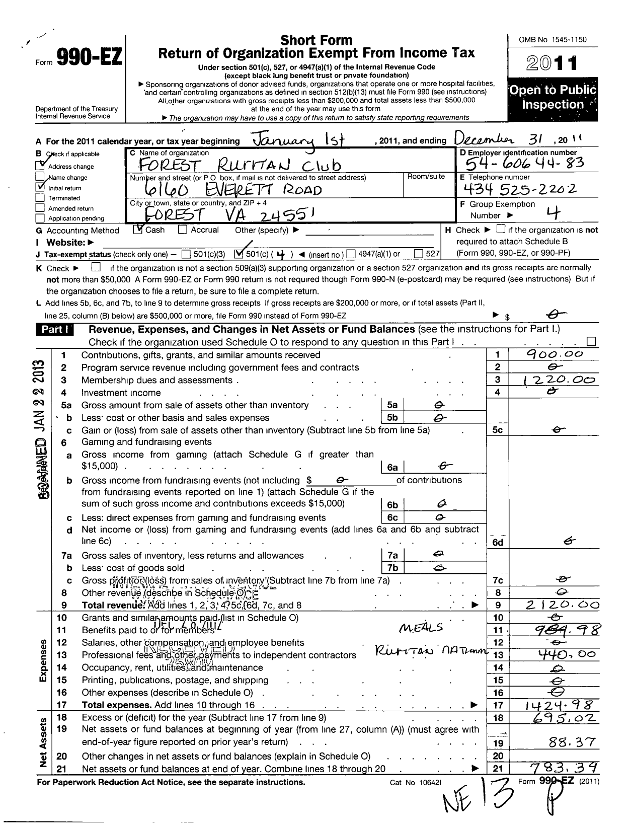 Image of first page of 2011 Form 990EO for Ruritan National Corporation