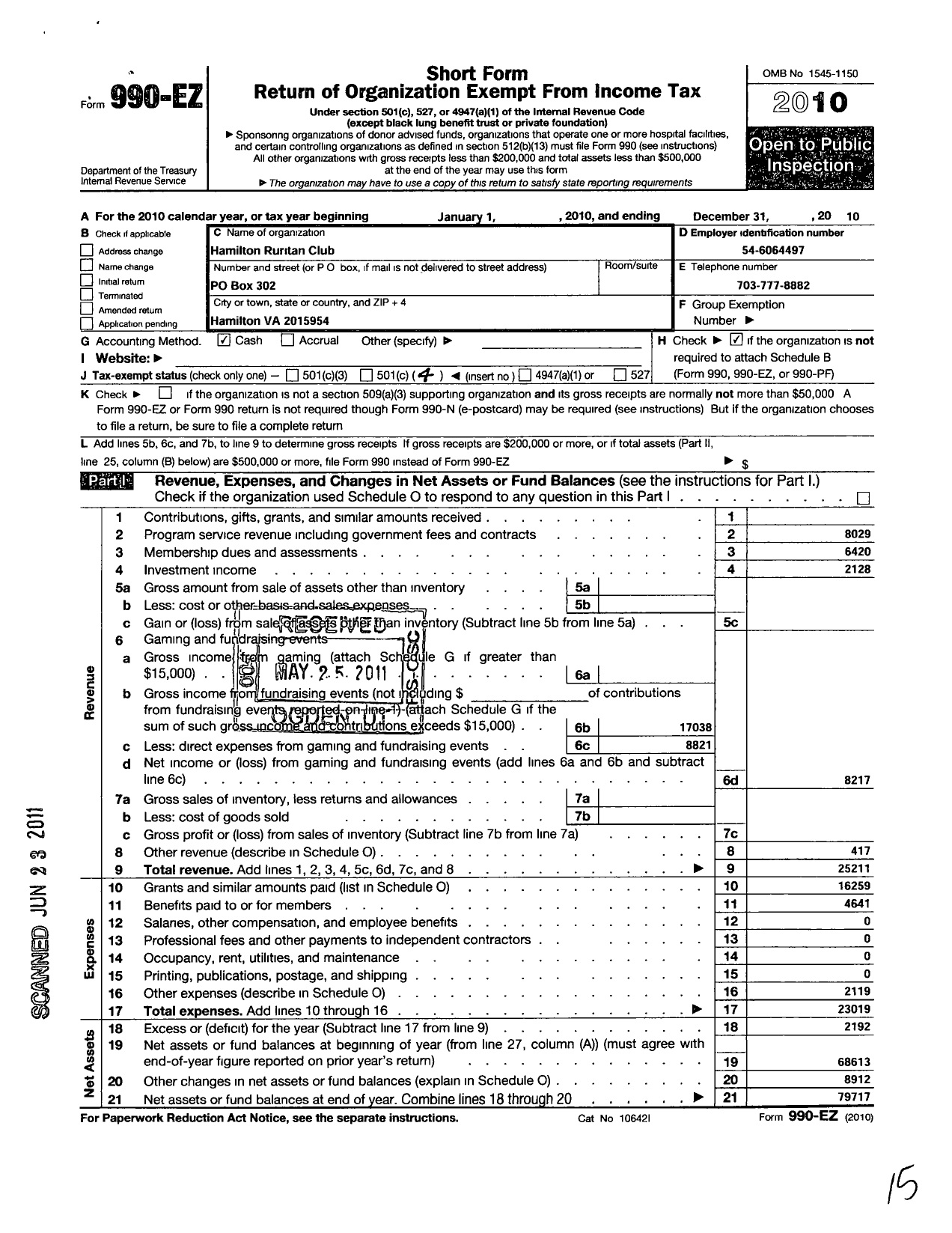 Image of first page of 2010 Form 990EO for Ruritan - Hamilton Va